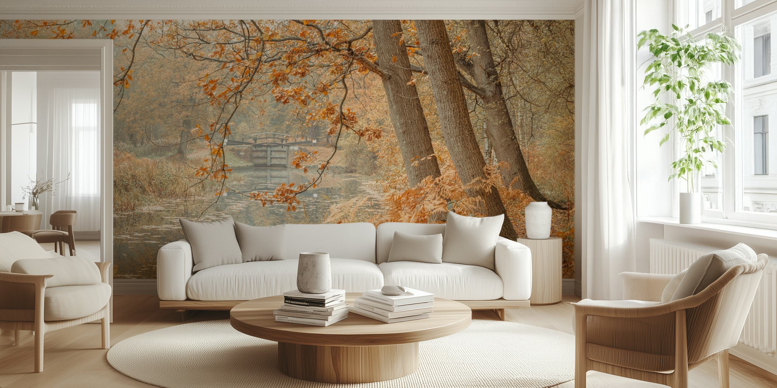 Autumn forest with a tranquil canal wall mural