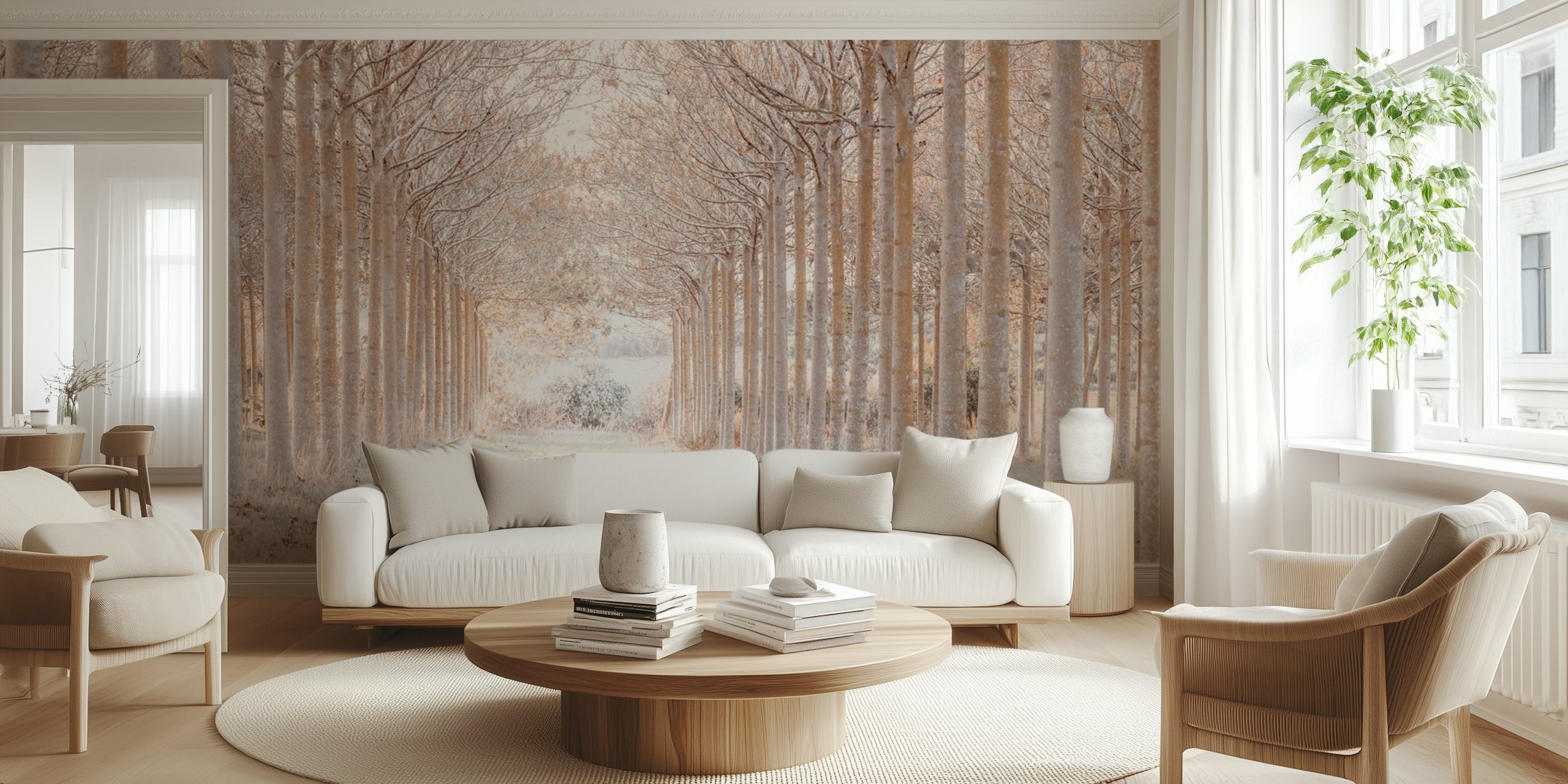 Winter forest wallpaper in a room