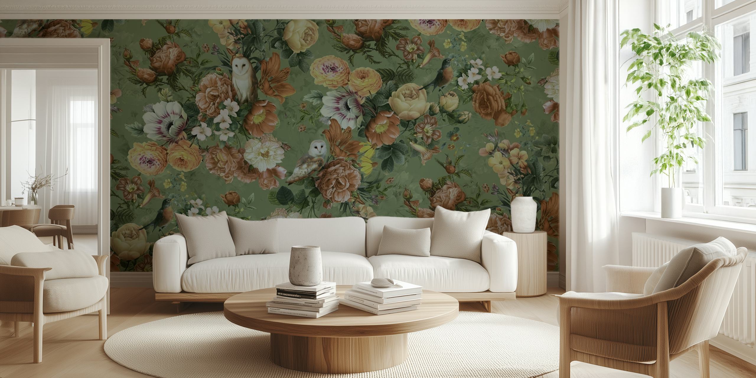 Owl and floral garden design in soft green and warm tones wallpaper