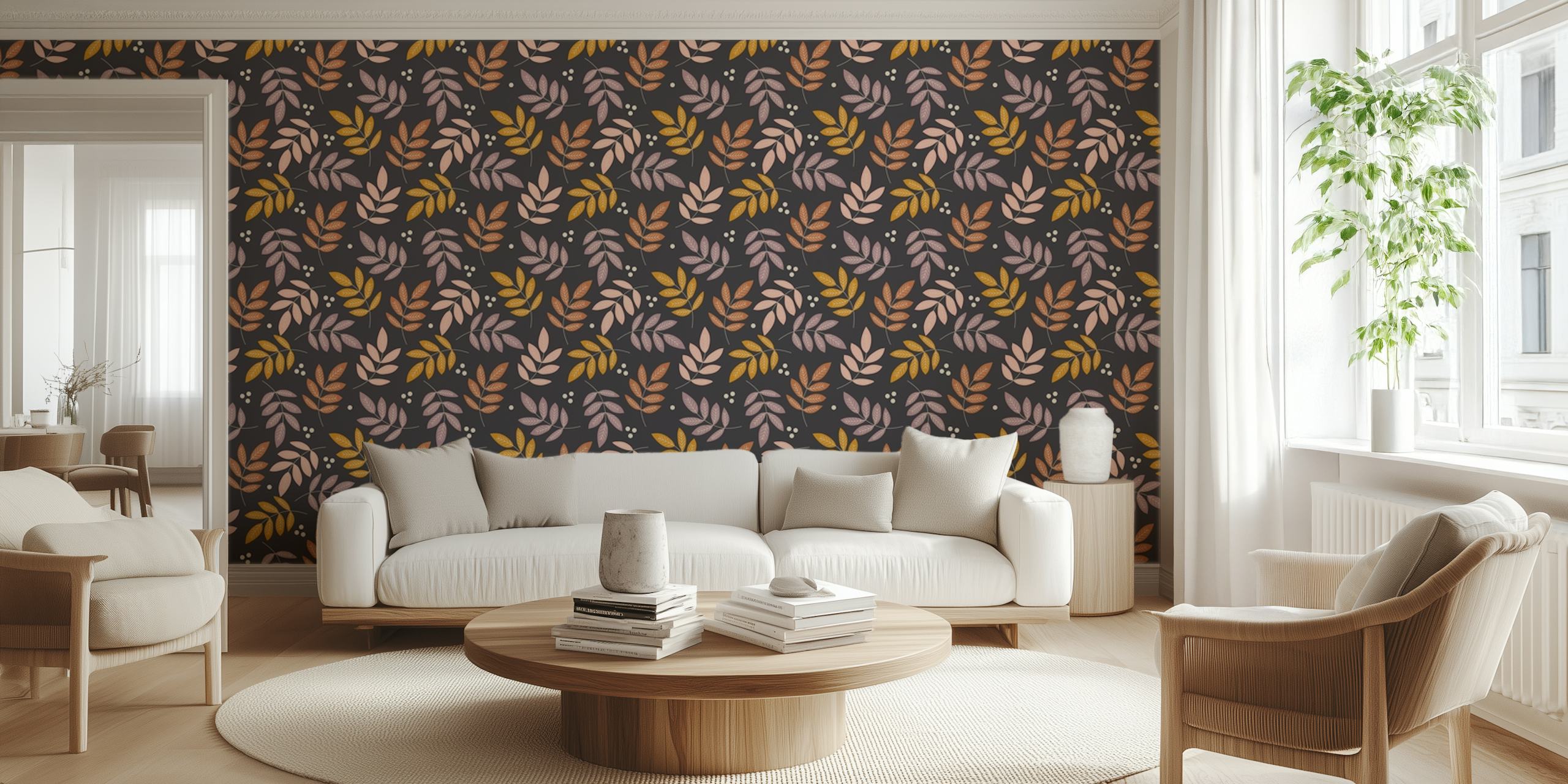 Estético mural de pared de hojas cayendo sobre un fondo de medianoche, perfecto para decoración de interiores.