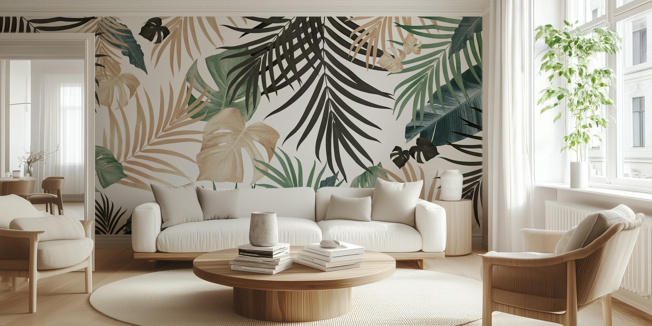 Artistic tropical leaves wall mural with a soft color palette