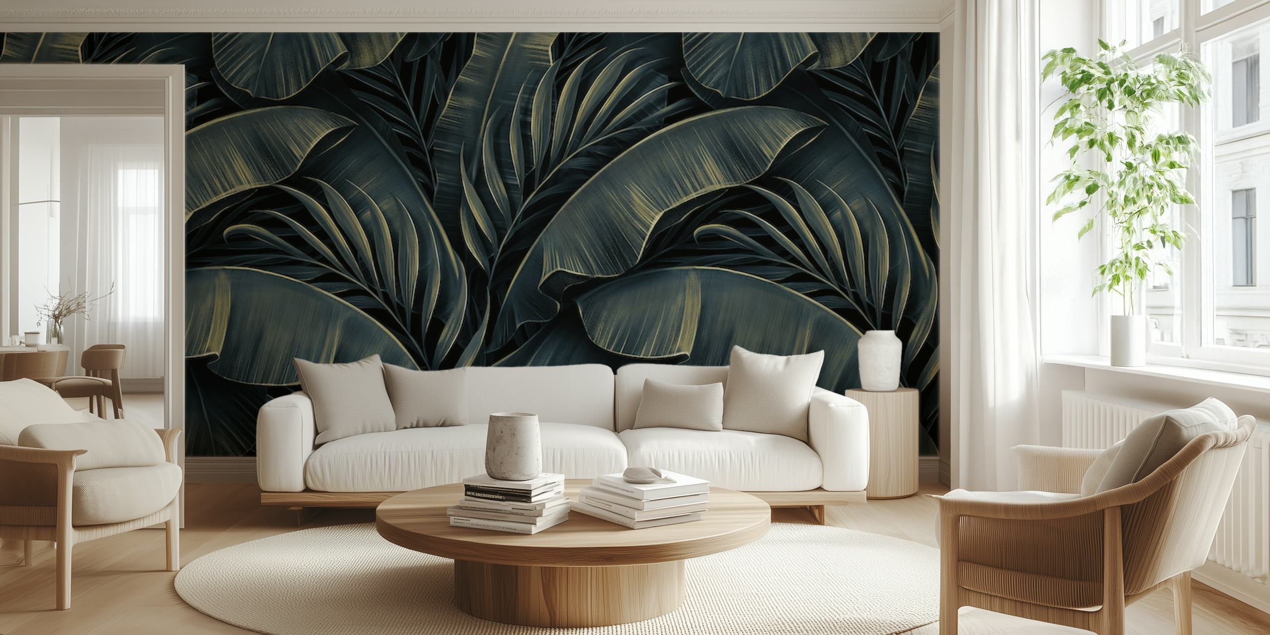 Dark tropical plants wall mural with lush green and blue hues