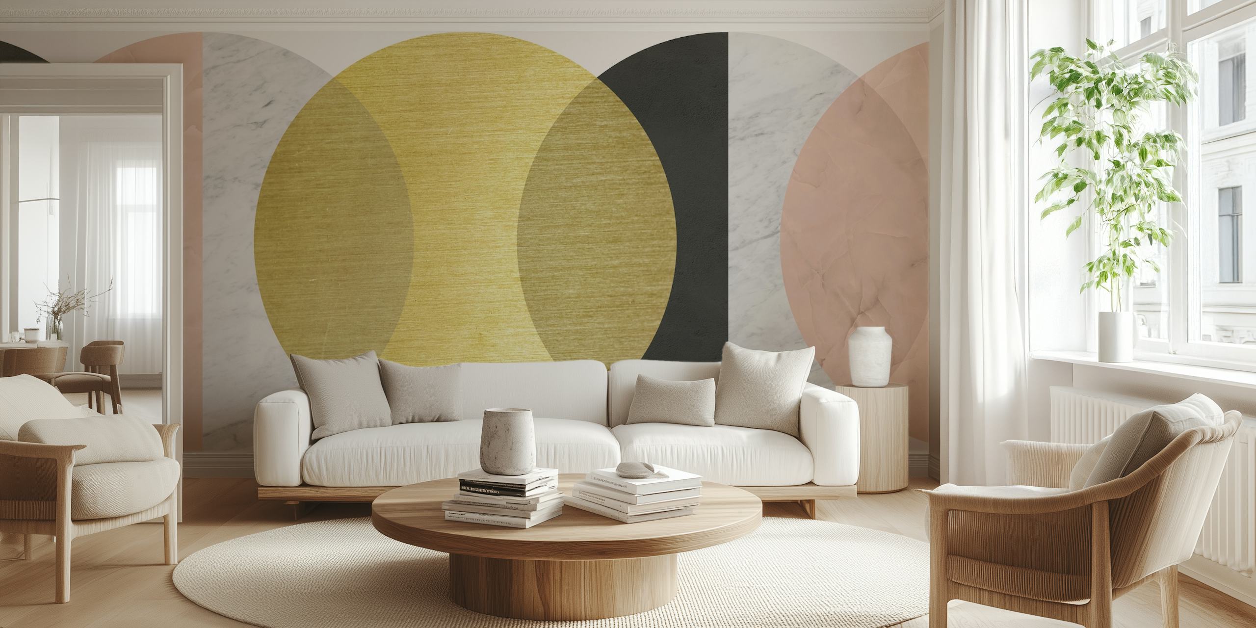 Abstract geometric shapes in gold, pink, black, and marble wallpaper
