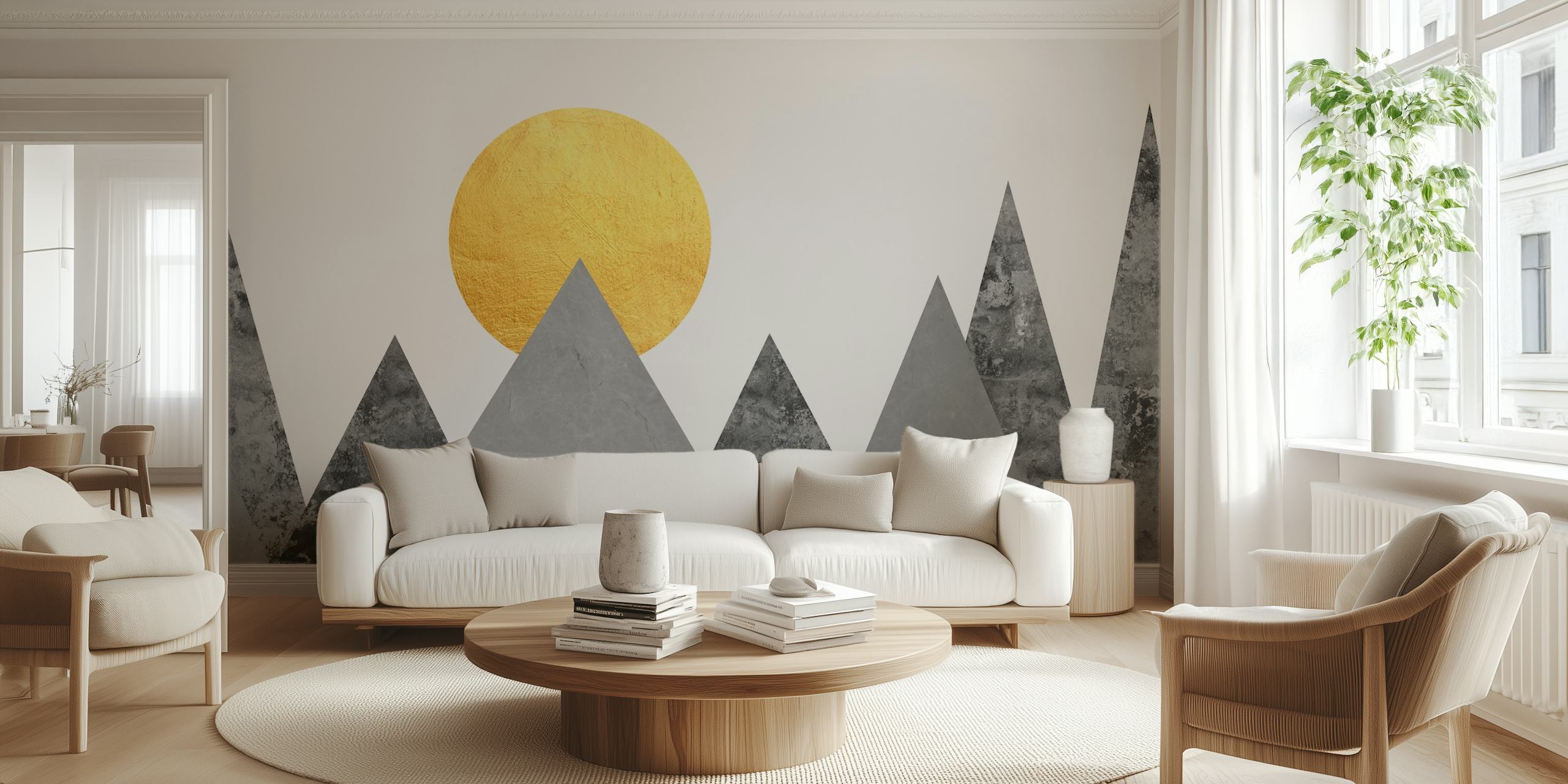 Gray marble mountain wallpaper with gold sun