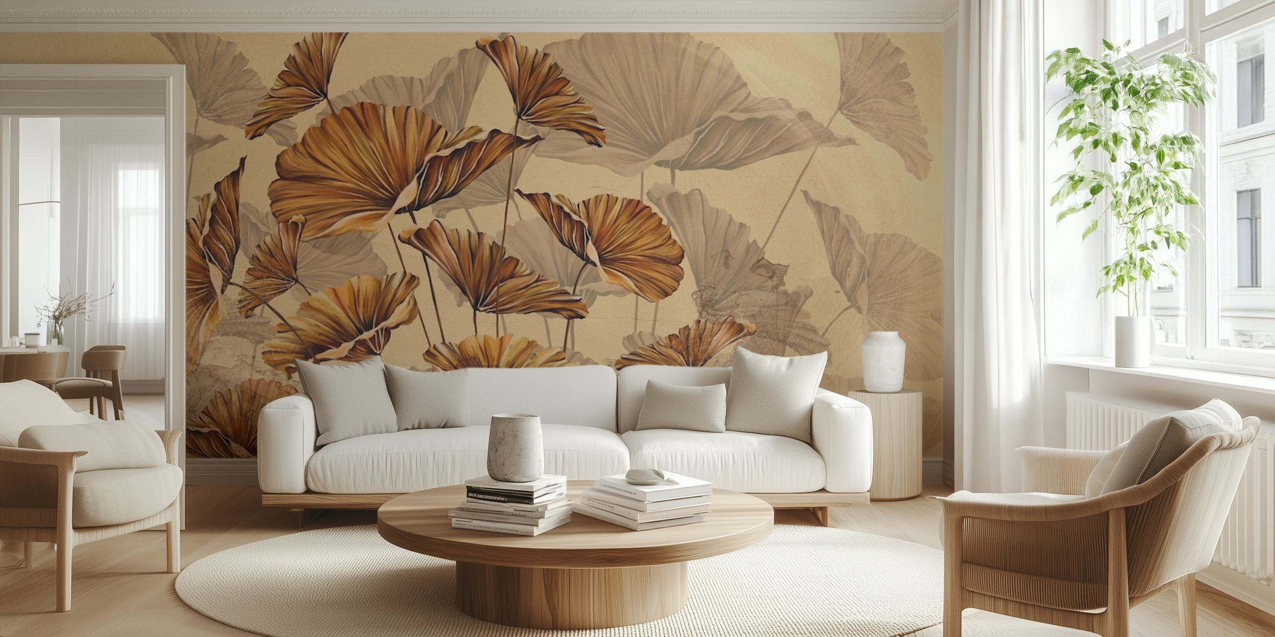 Beige floral wallpaper with golden leaves design