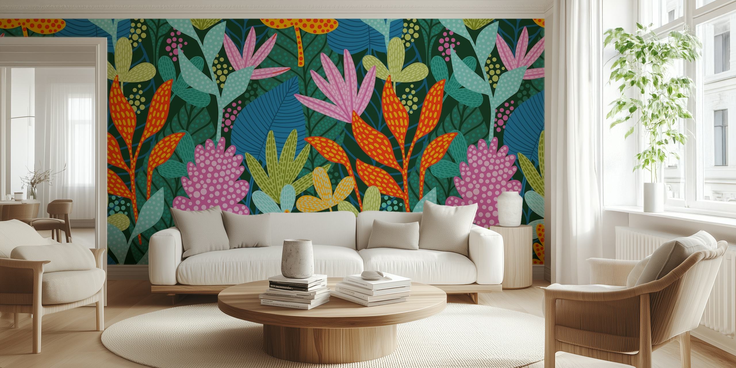 Bunte florale Tapete mit leuchtenden Farben und verschiedenen Pflanzenmustern