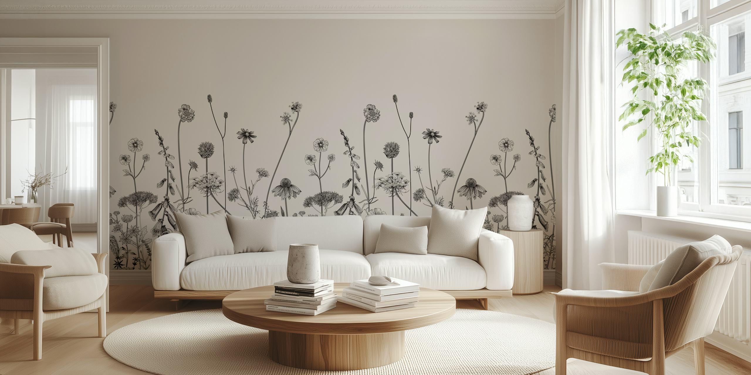 Black and white floral pattern wallpaper featuring tall flowers and grasses
