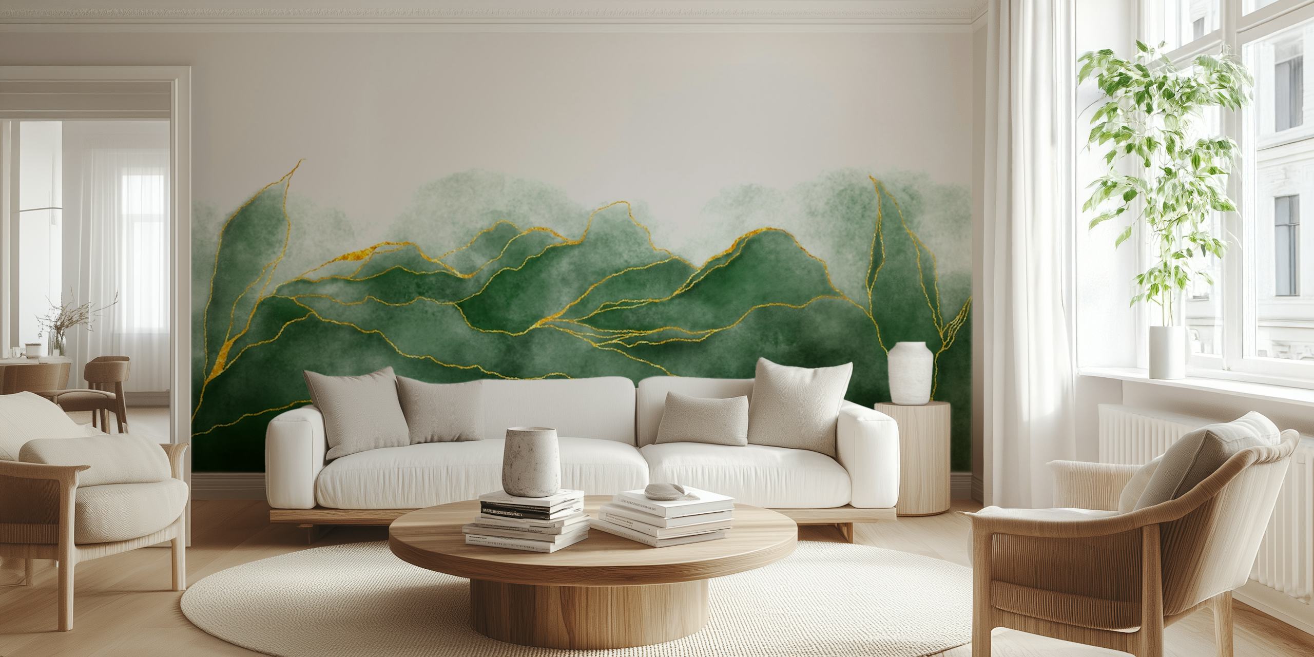 Green watercolor veins ταπετσαρία σε ένα δωμάτιο