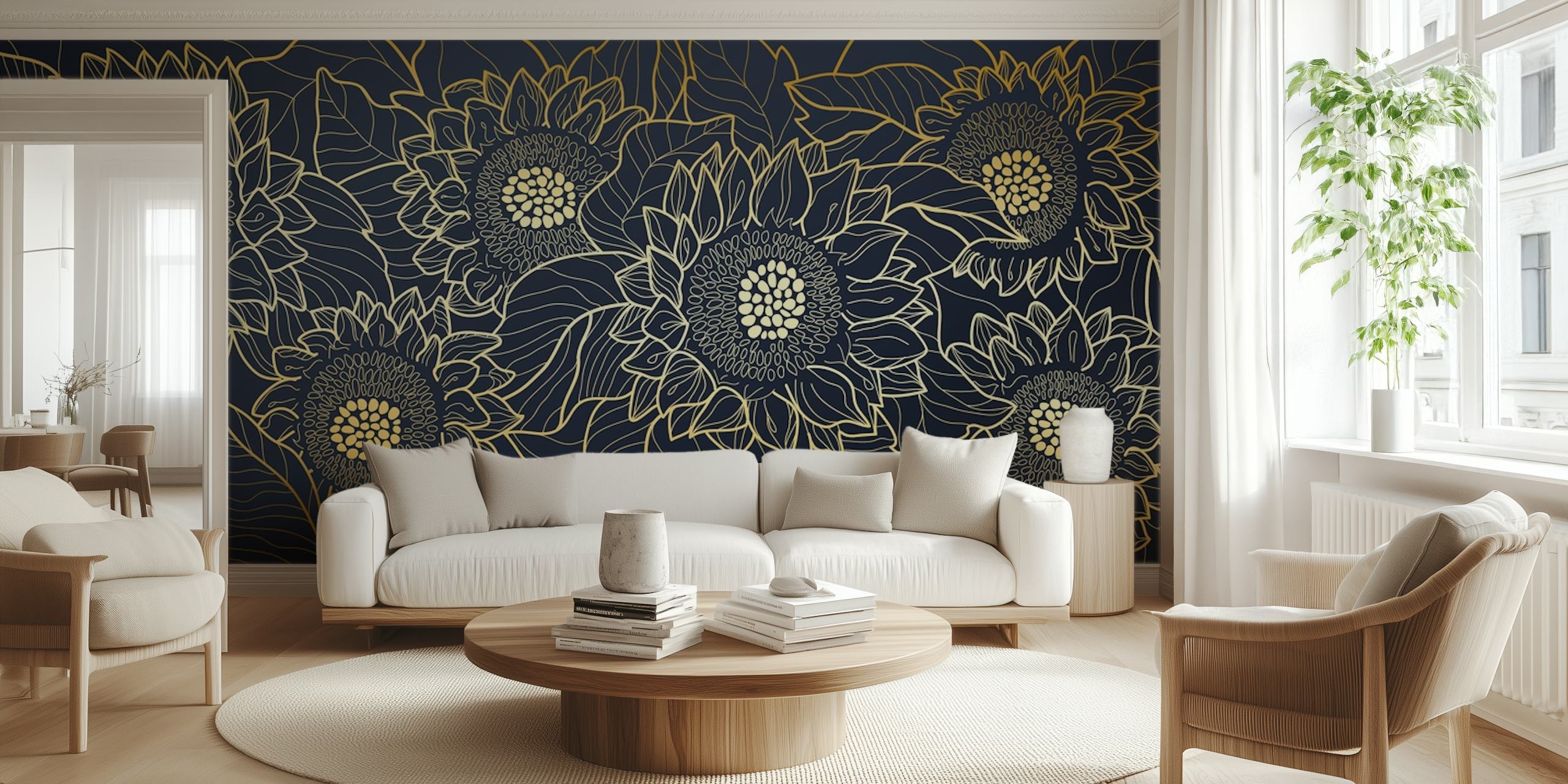 Sunflower line art design in gold and navy wallpaper
