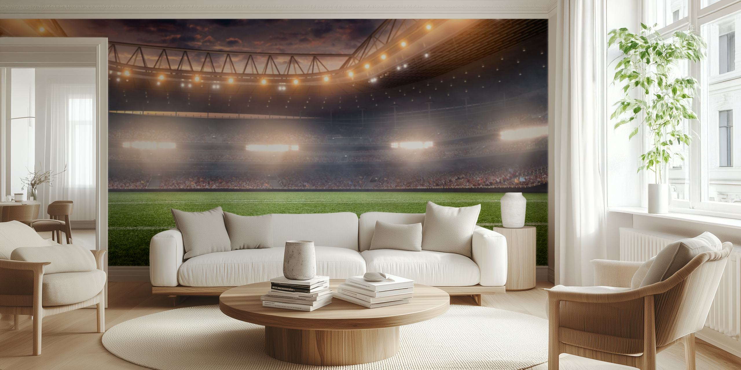 Soccer field in stadium with bright lights and green grass wallpaper