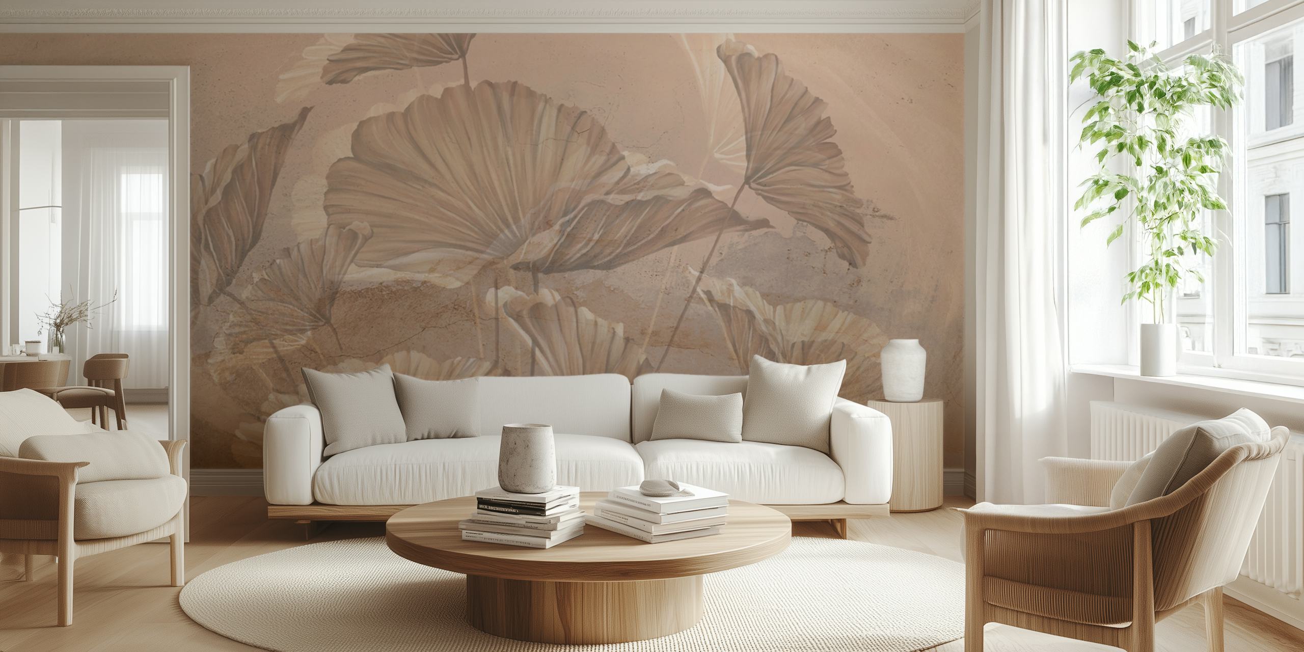 Large leaves in soft earthy tones wallpaper