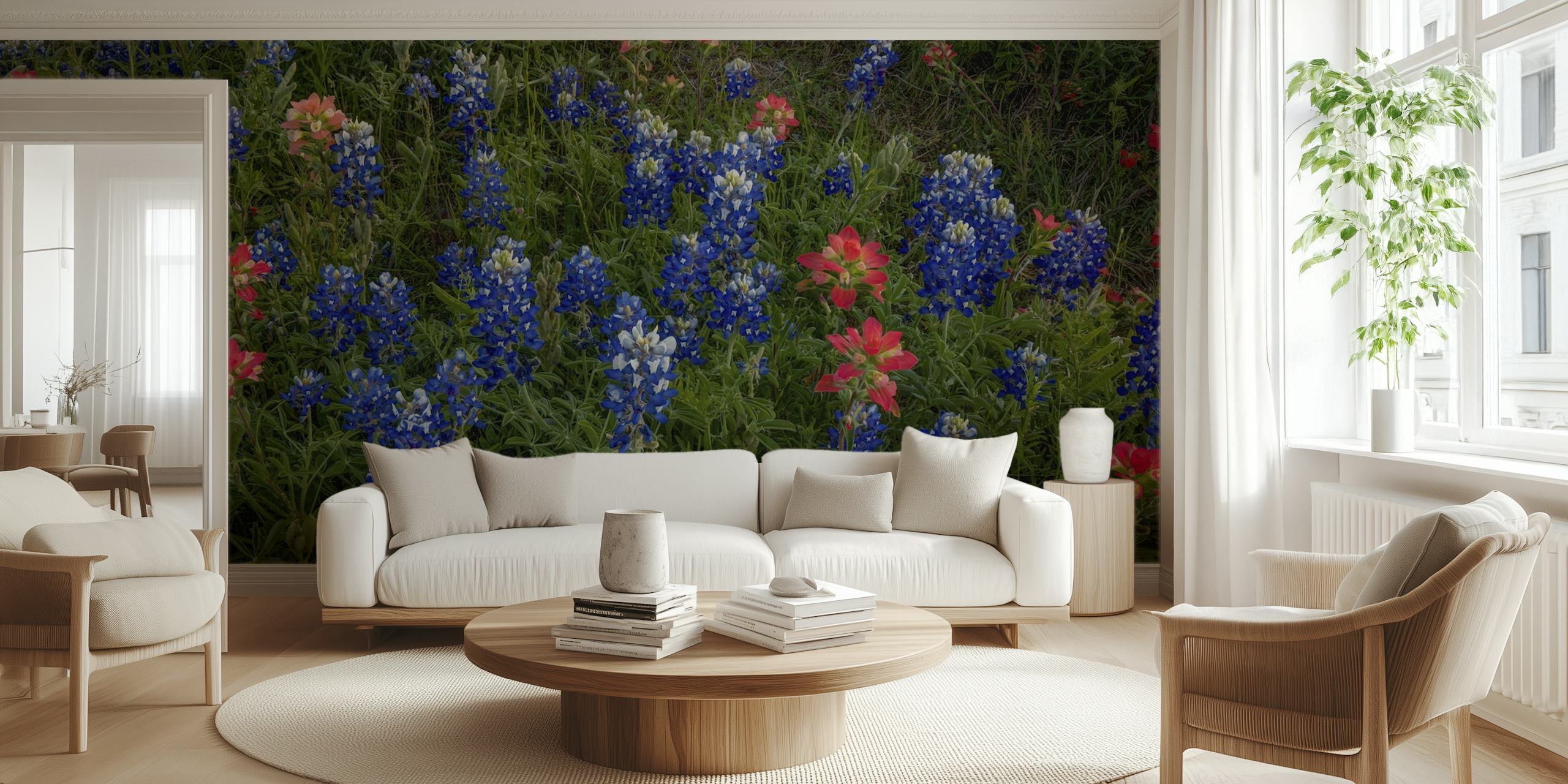 Bluebonnet flowers with pink accents in green foliage wallpaper