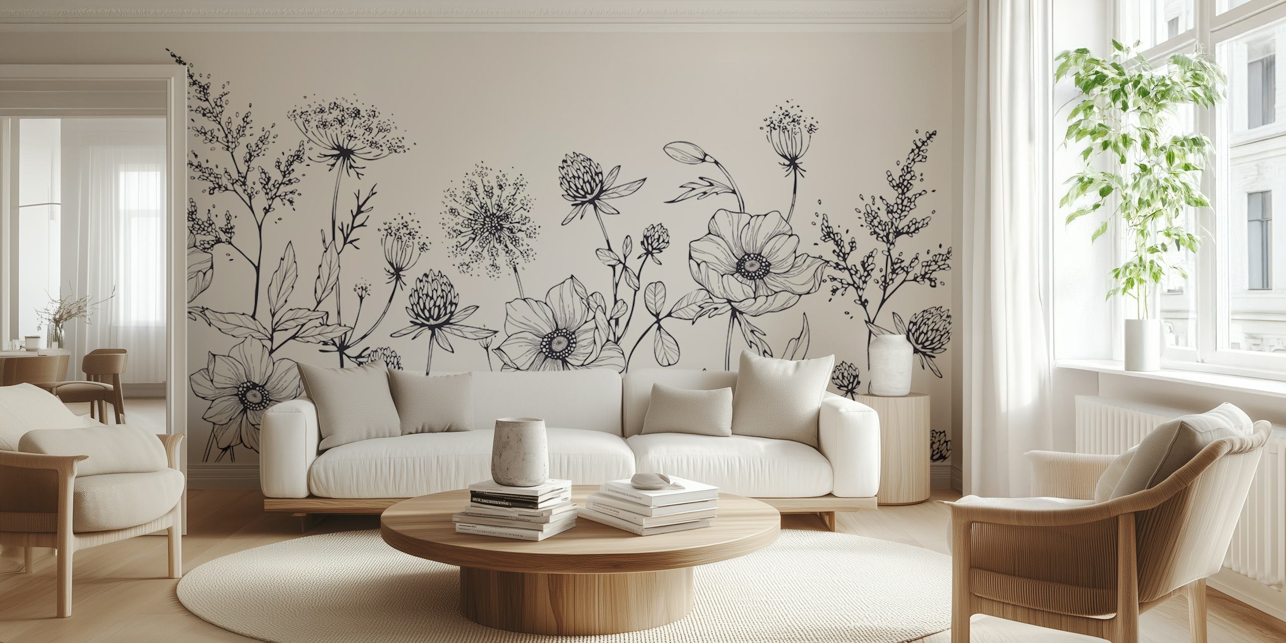 Black and white floral illustration wallpaper featuring detailed blooming flowers and leaves.