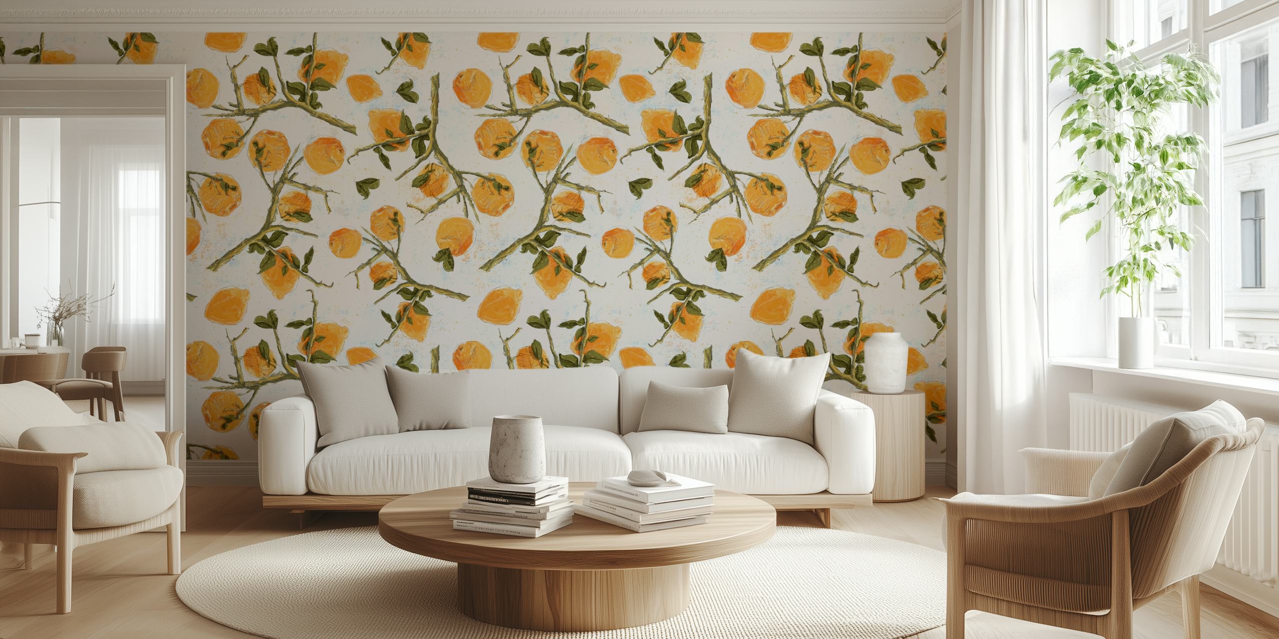 Lemons on White wall mural with illustrated citrus fruits and green leaves