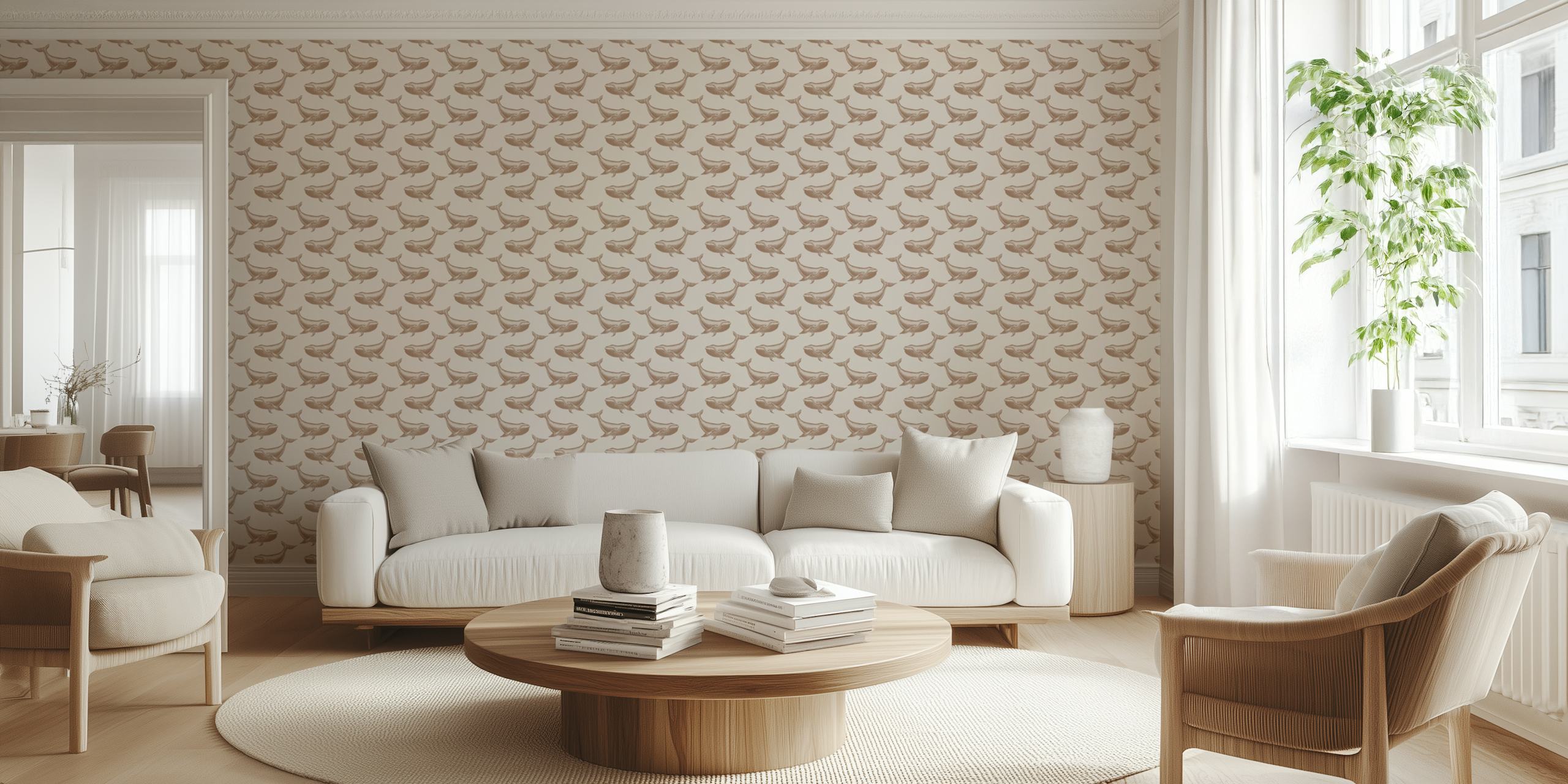 Beige wallpaper featuring vintage whale pattern in soft hues