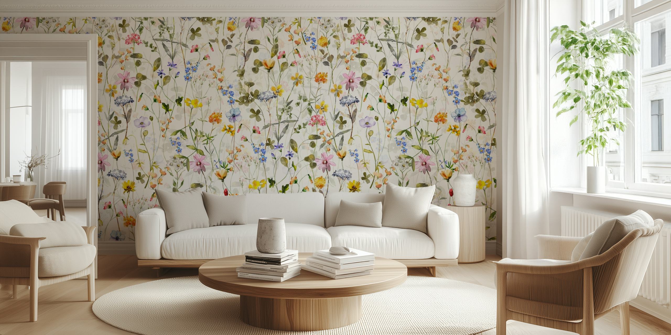 Watercolor floral patterns with multicolored flowers and greenery wallpaper