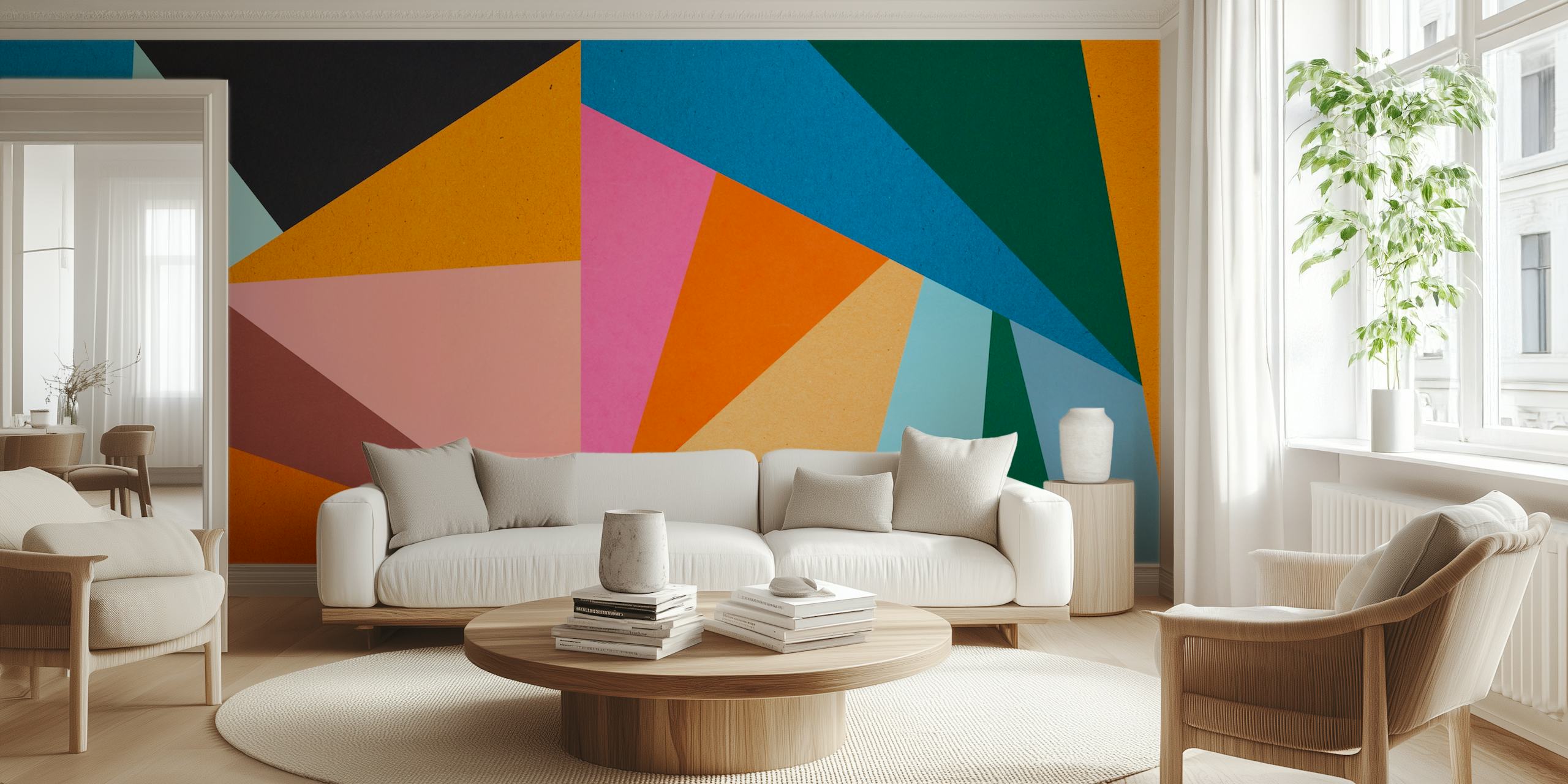 Χρωματιστό γεωμετρικό σχέδιο τοιχογραφίας με μια σειρά από φωτεινά τρίγωνα.