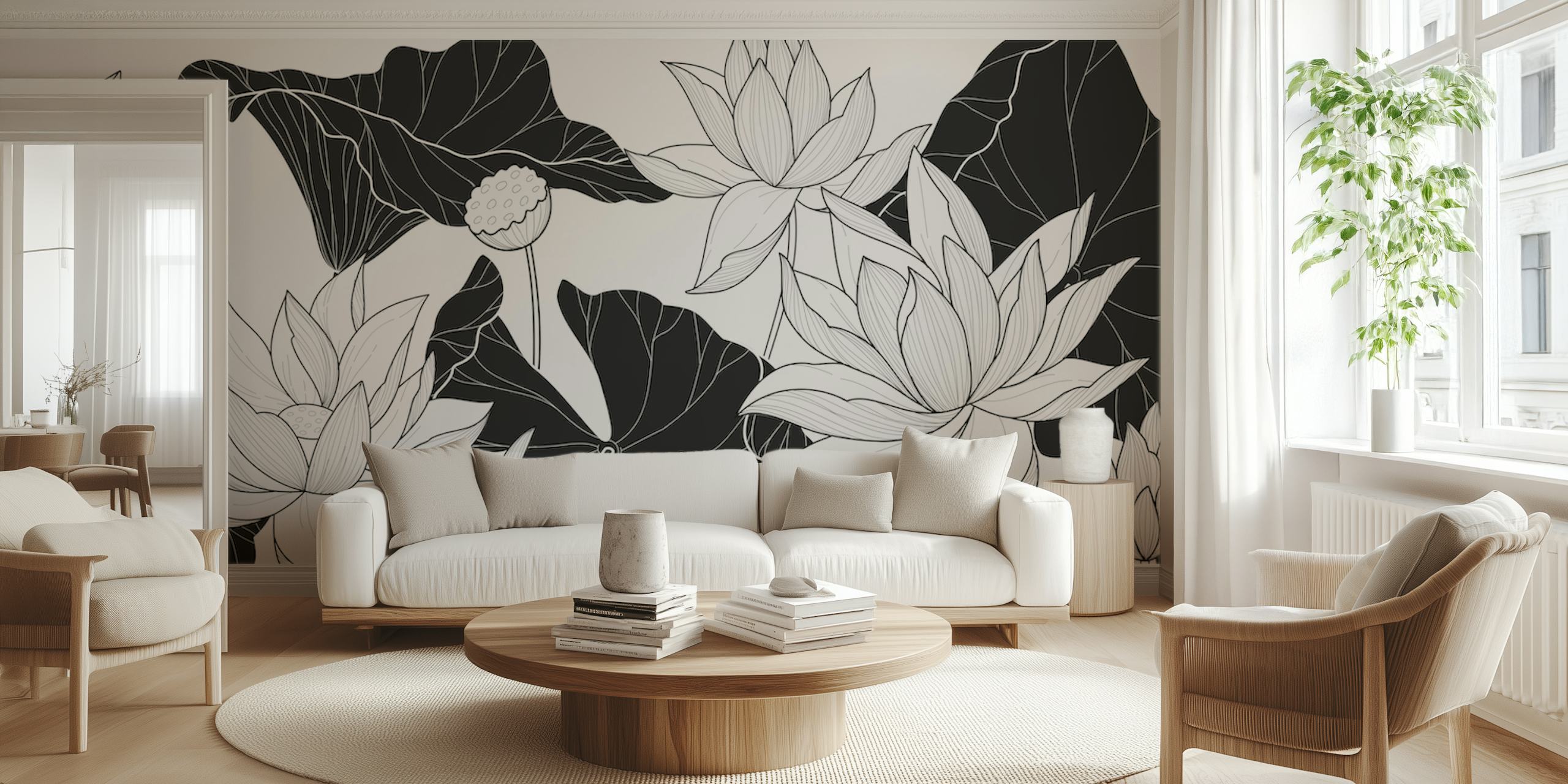 Black and white botanical wallpaper featuring lotus flowers and leaves.
