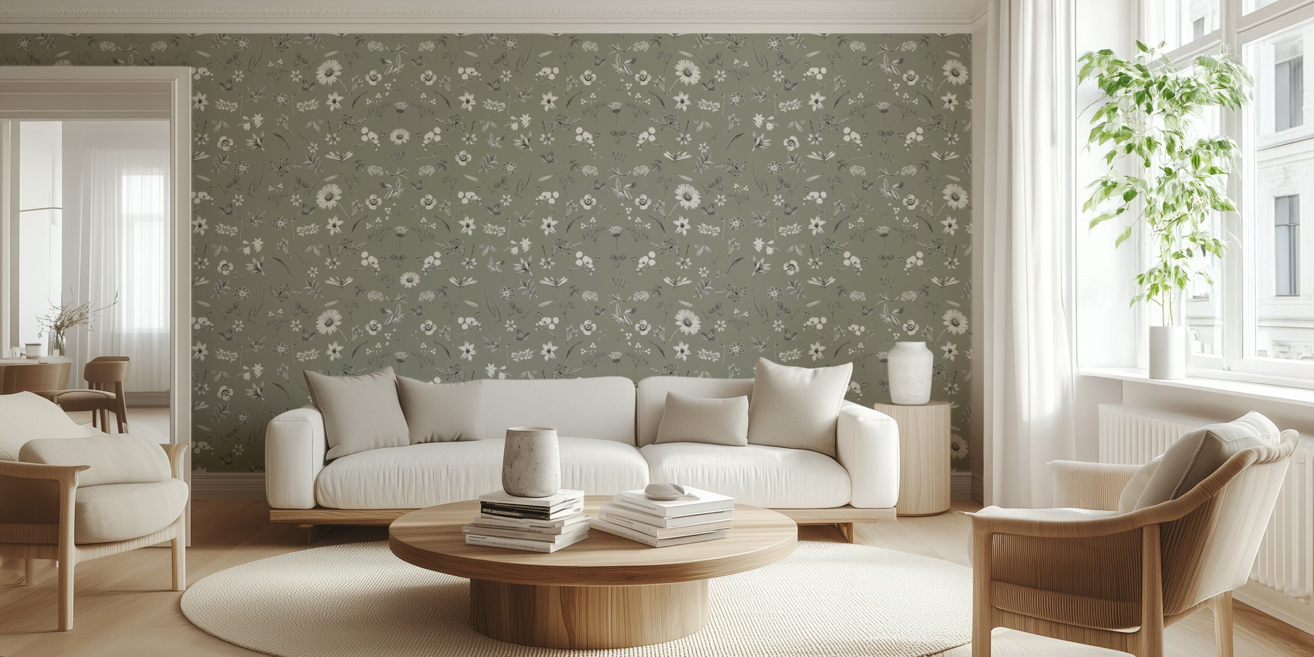 Green floral pattern wall mural with white flowers