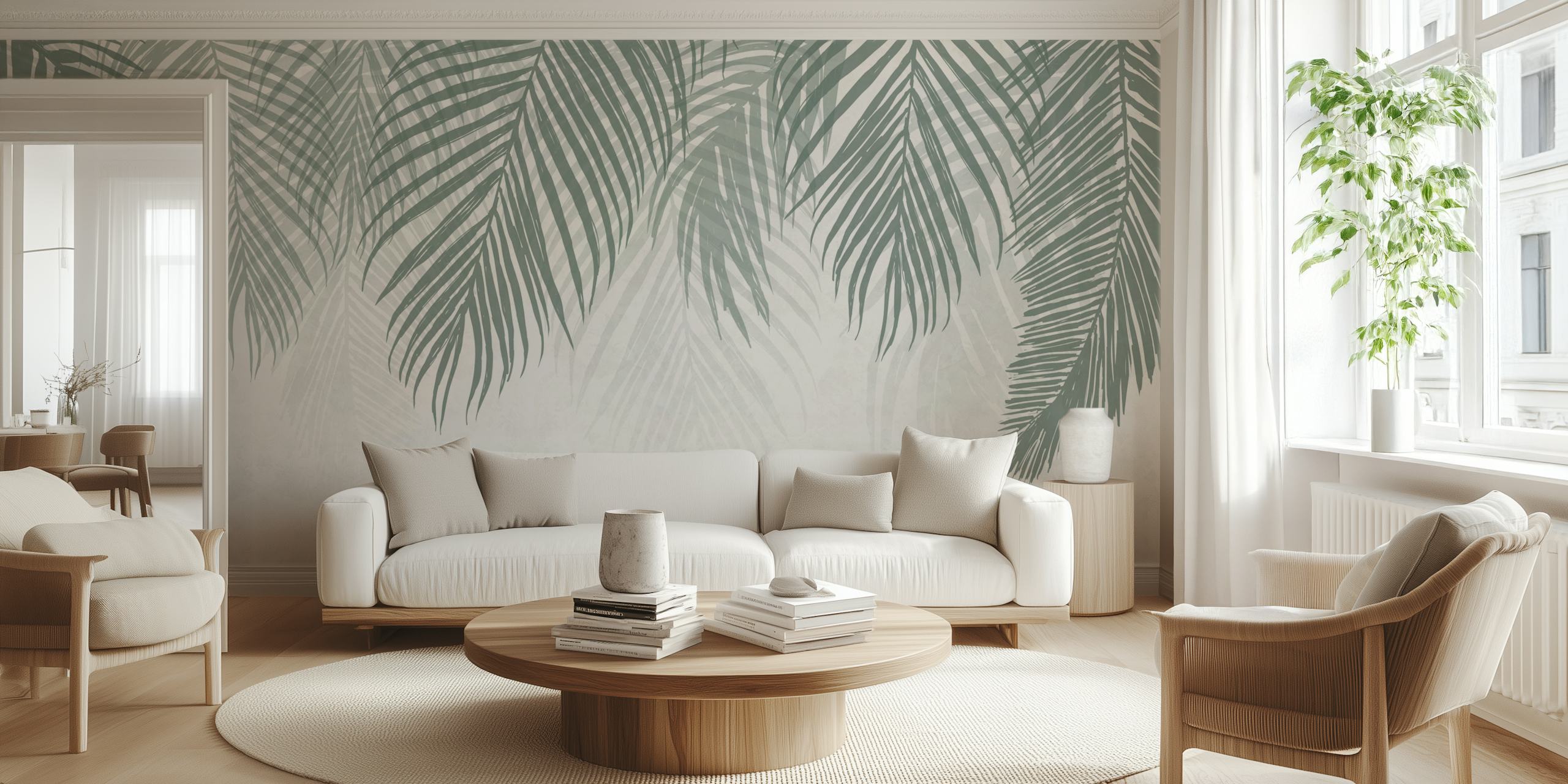 Papel de parede Palm Leaves Green em um ambiente de quarto