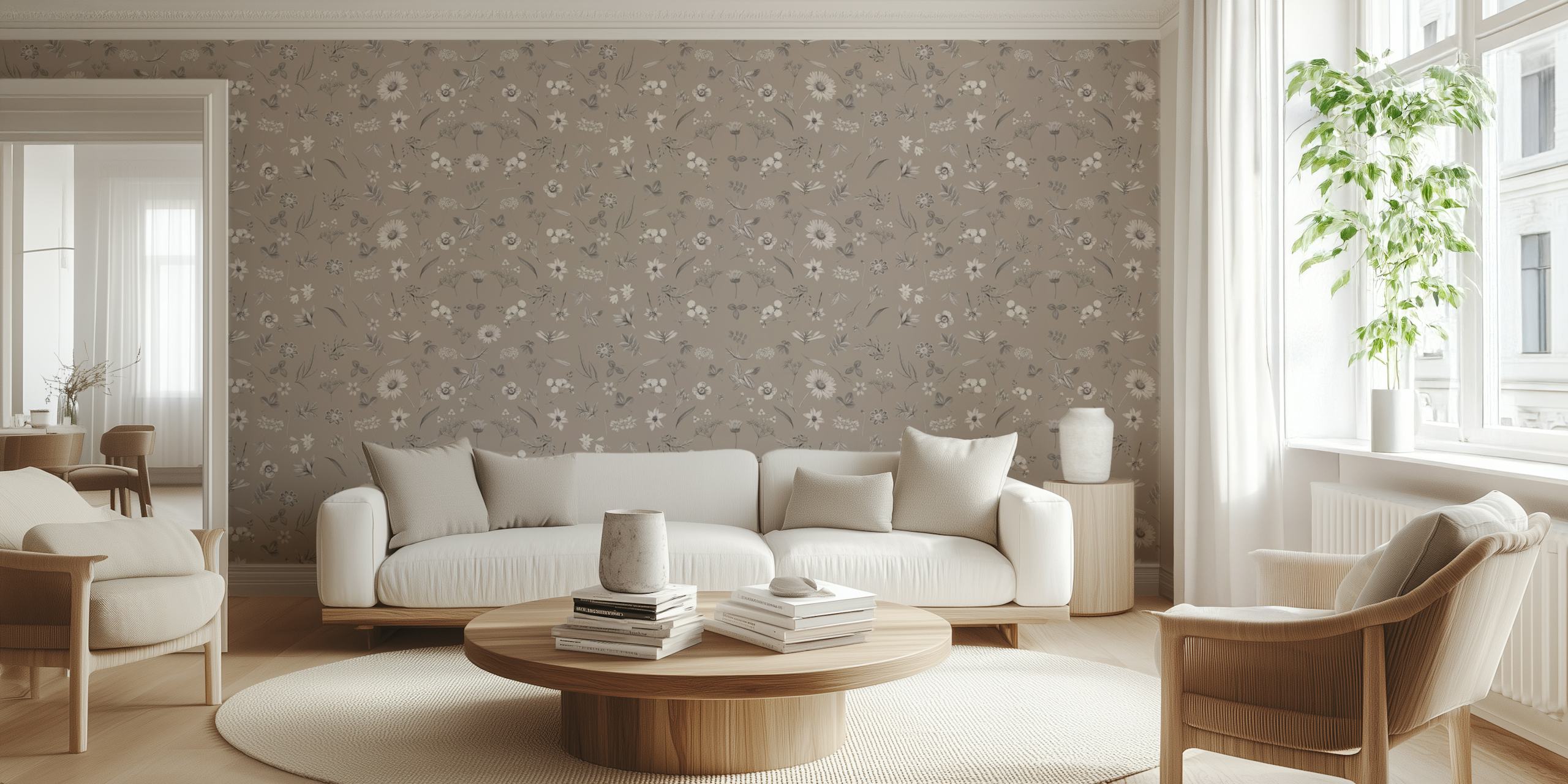 Floral gray wallpaper in a room setting