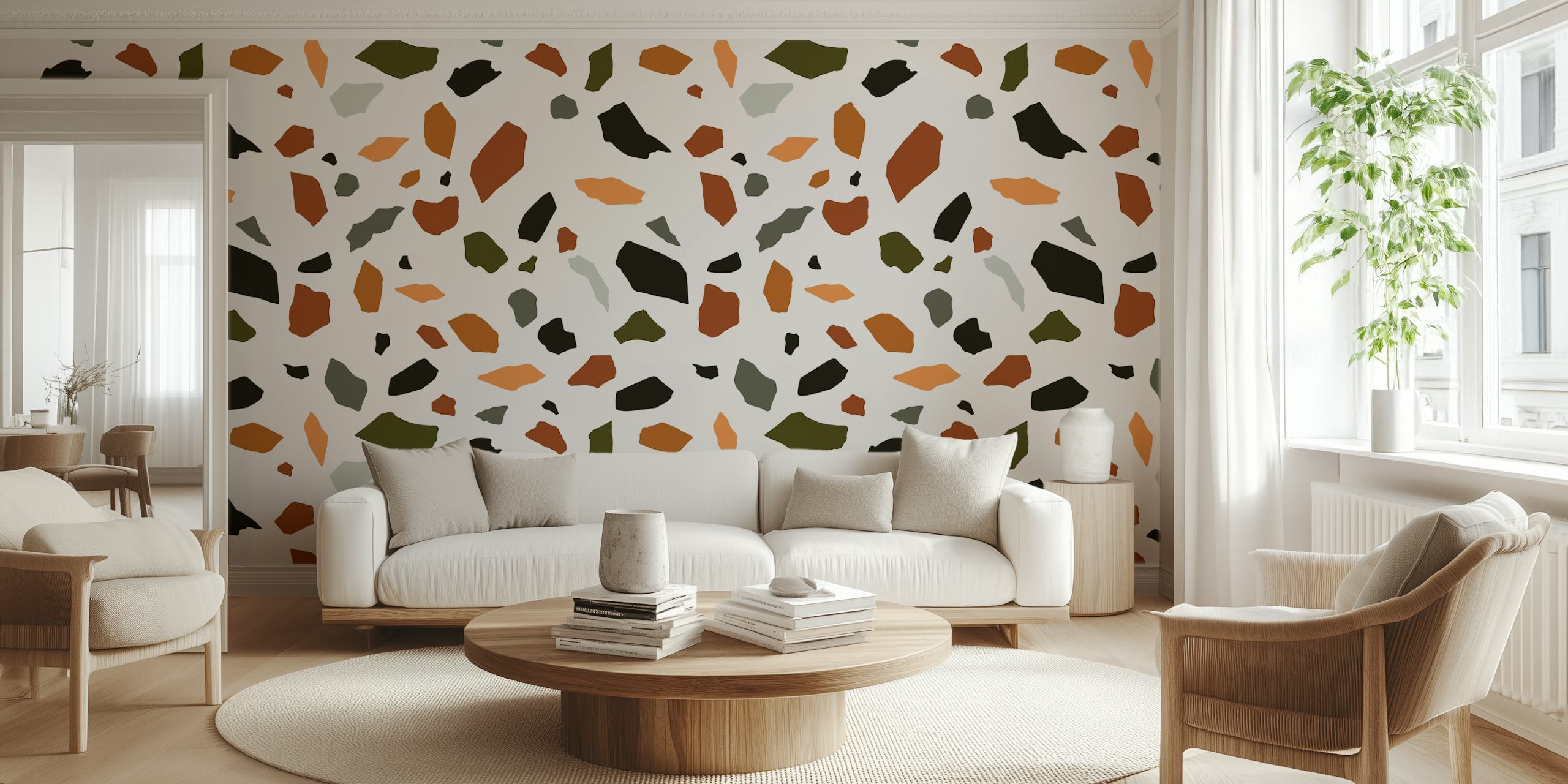 Fotomural vinílico de parede com padrão mosaico terrazzo abstrato em laranja, verde e preto