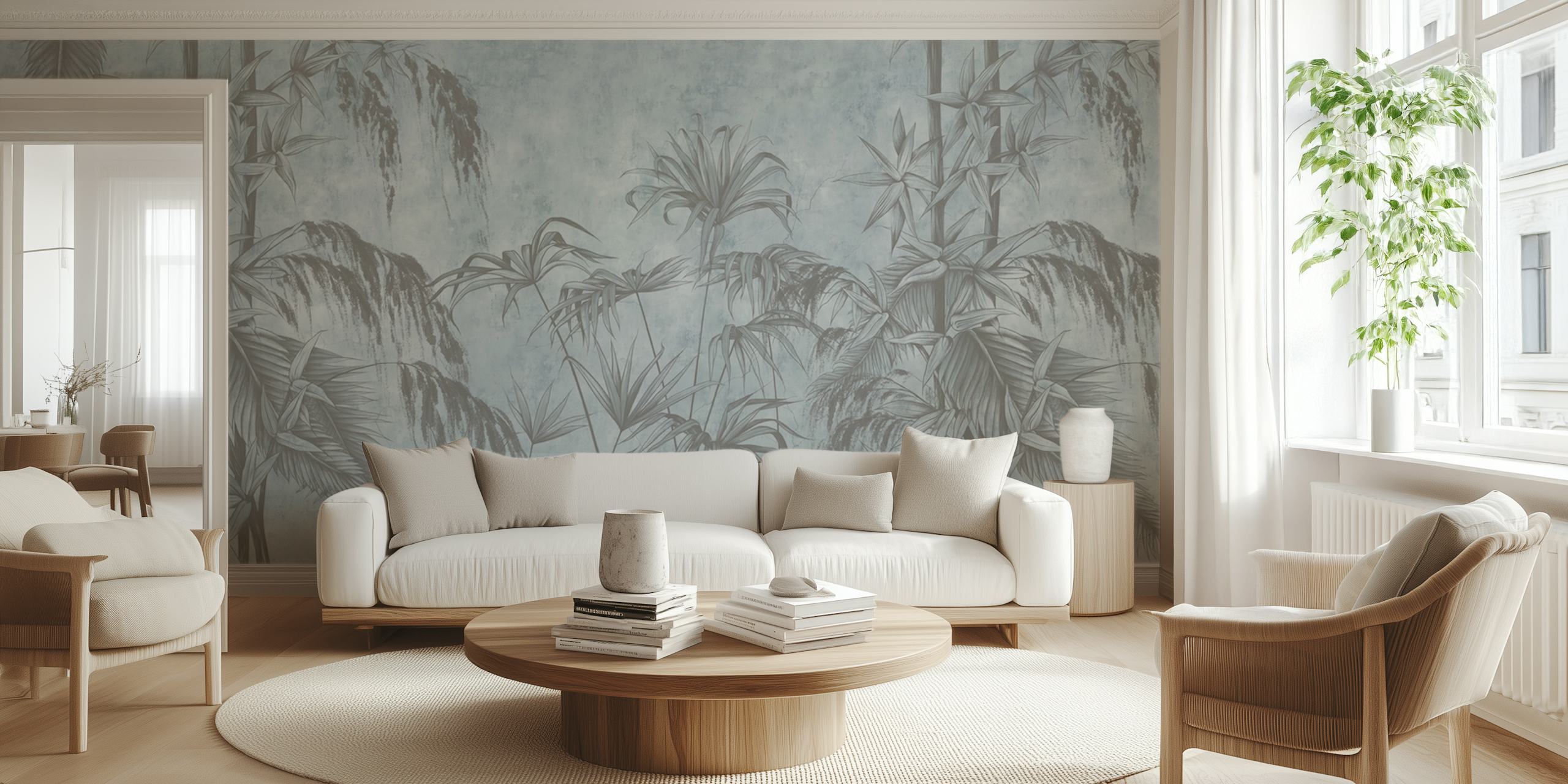 Papel pintado Graphic tropical mostrado en una habitación