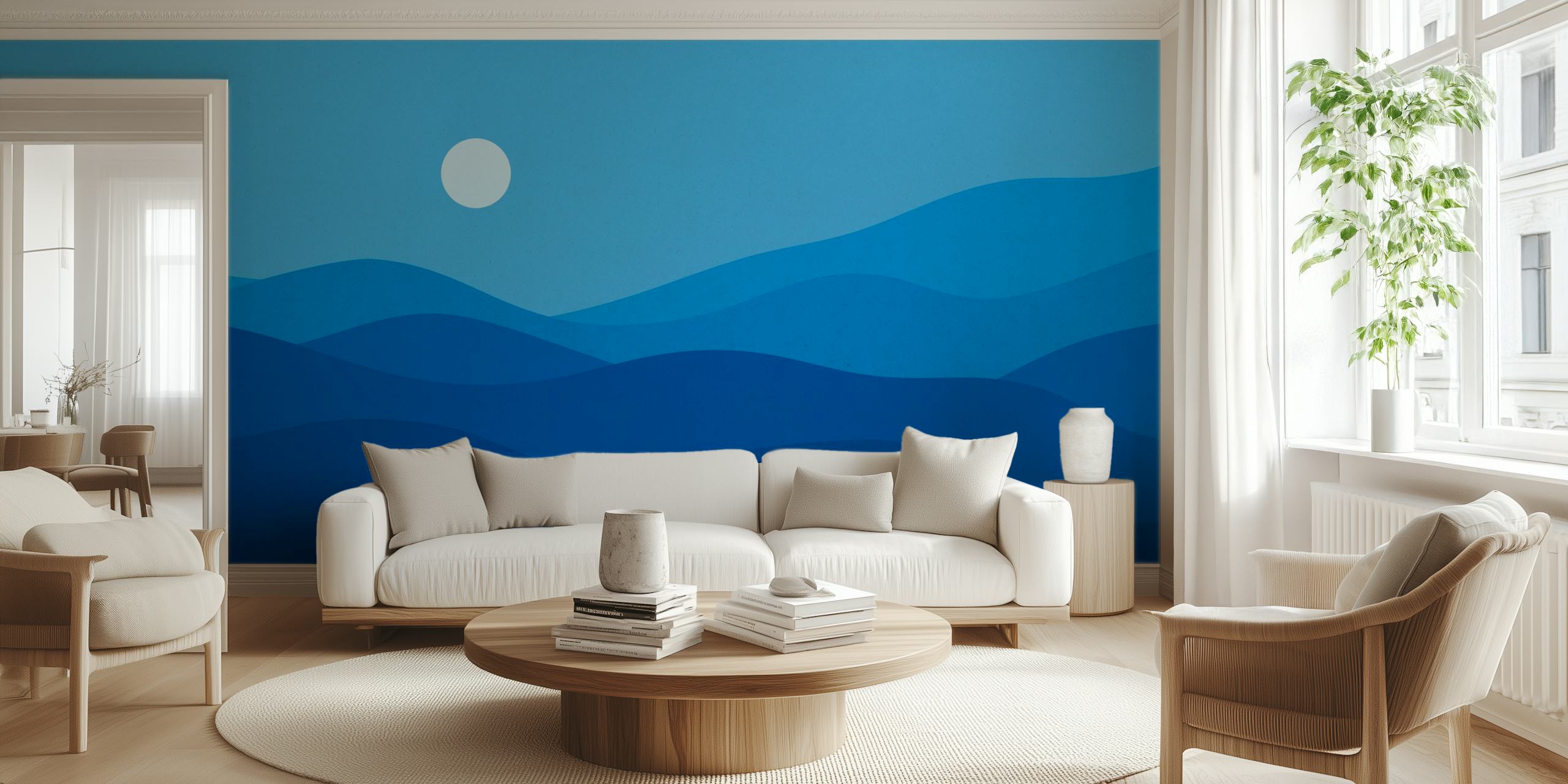 Tranquillo paesaggio acquerello blu con dolci colline e un murale con cielo illuminato dalla luna