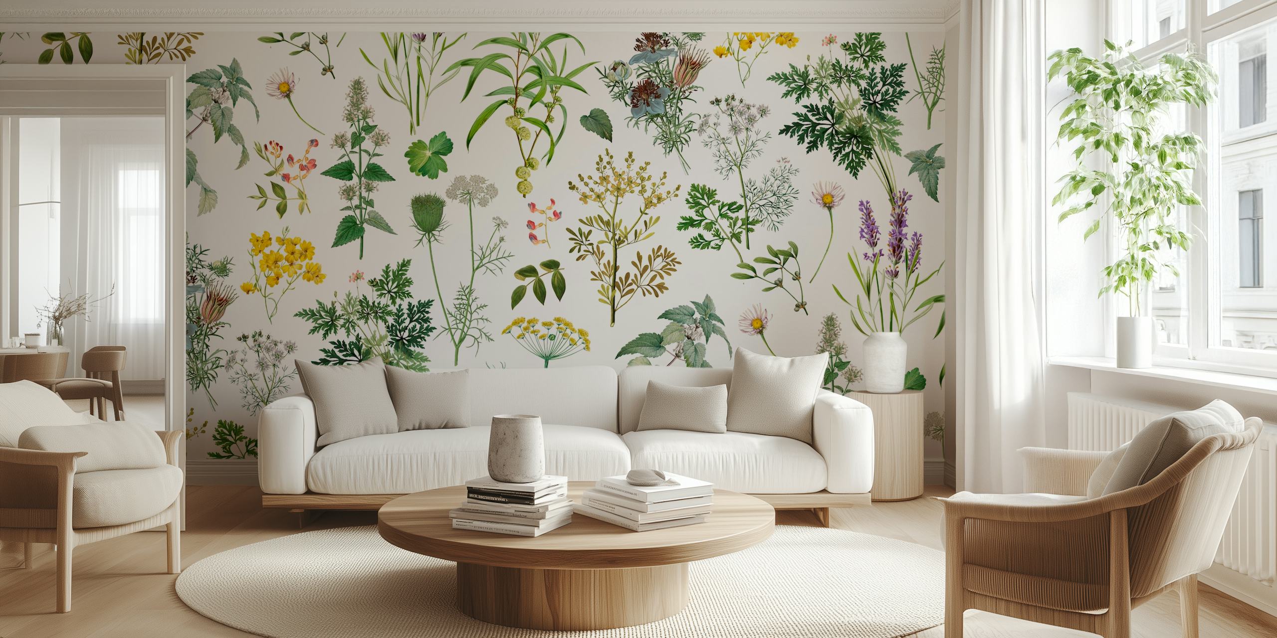 Herbs and wildflower wallpaper in a room