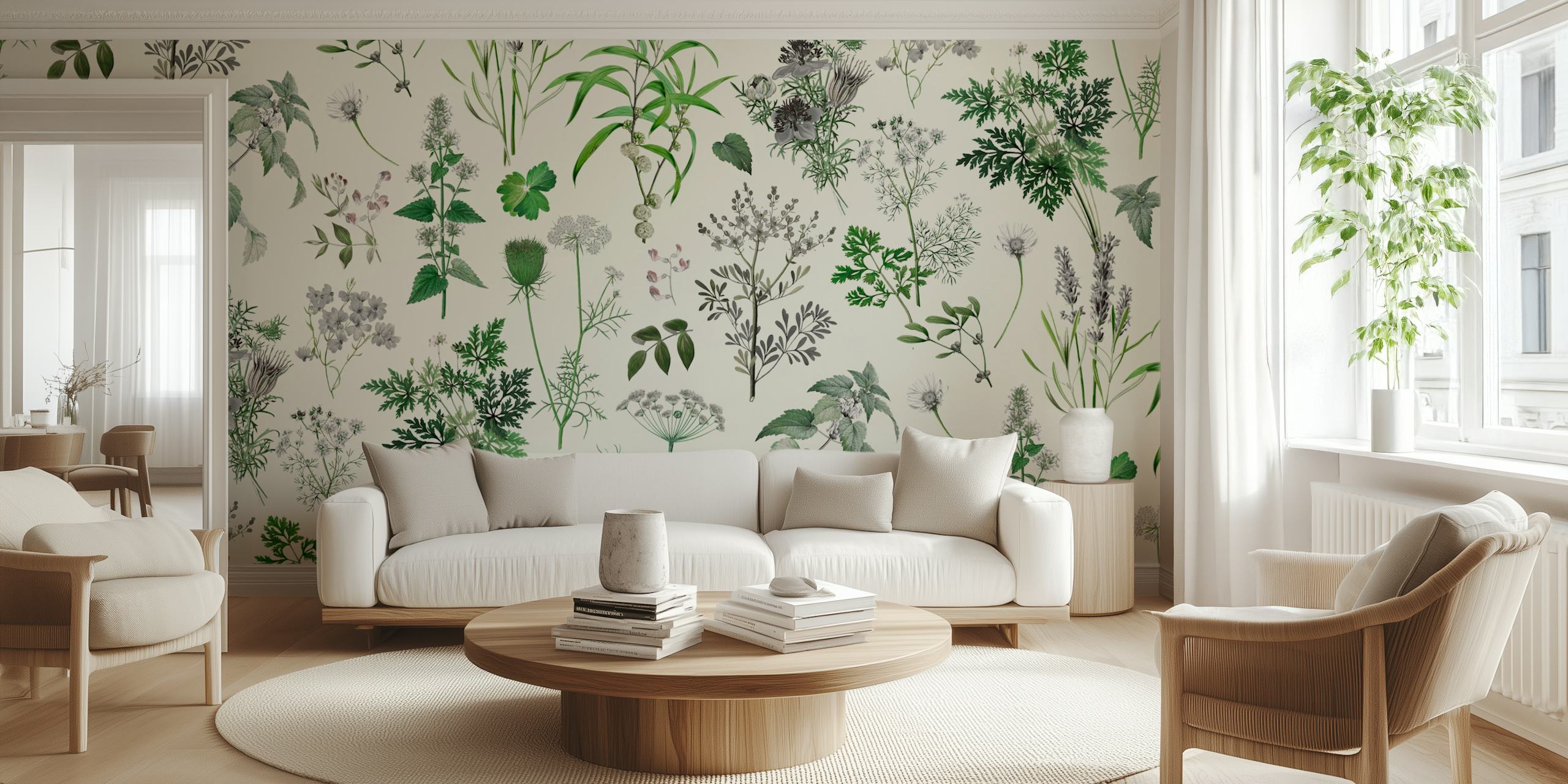 Green herbal wallpaper featuring various wildflowers and herbs on a light background
