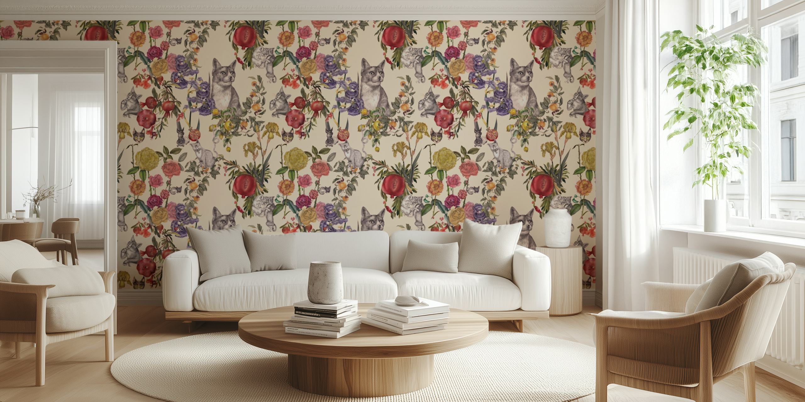 Playful cats with roses and pomegranates pattern wall mural