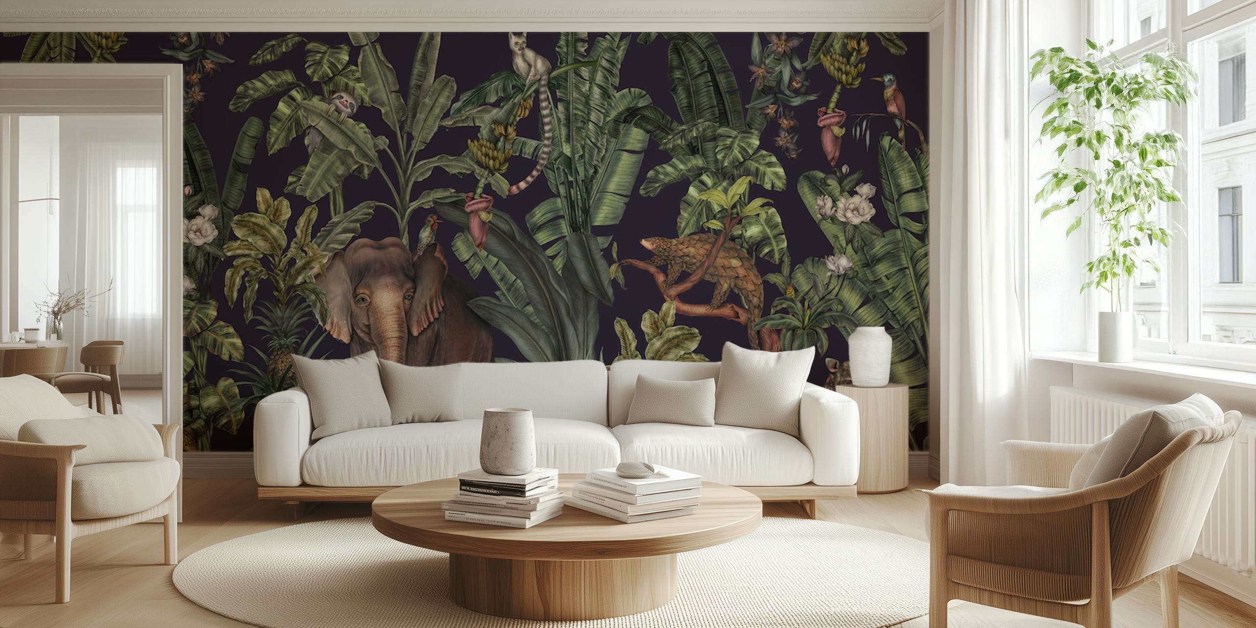 Elephant, tropical plants, and colorful animals wallpaper