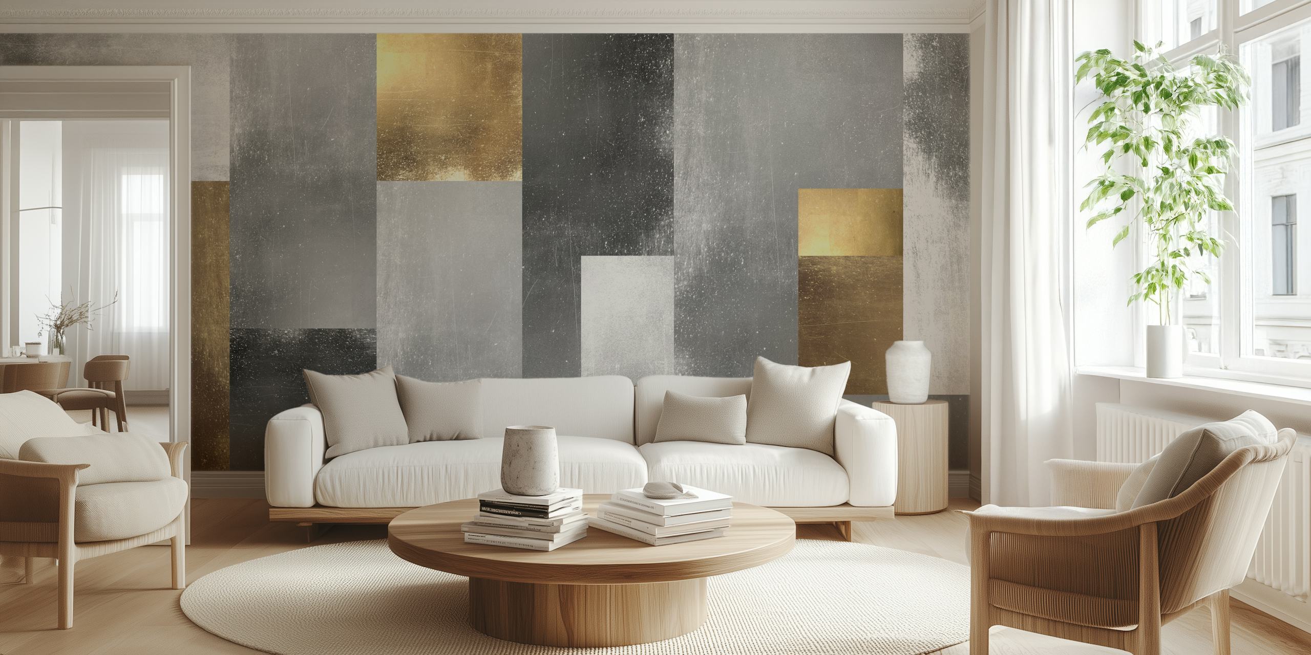 Metal and gold art tapet i ett rum