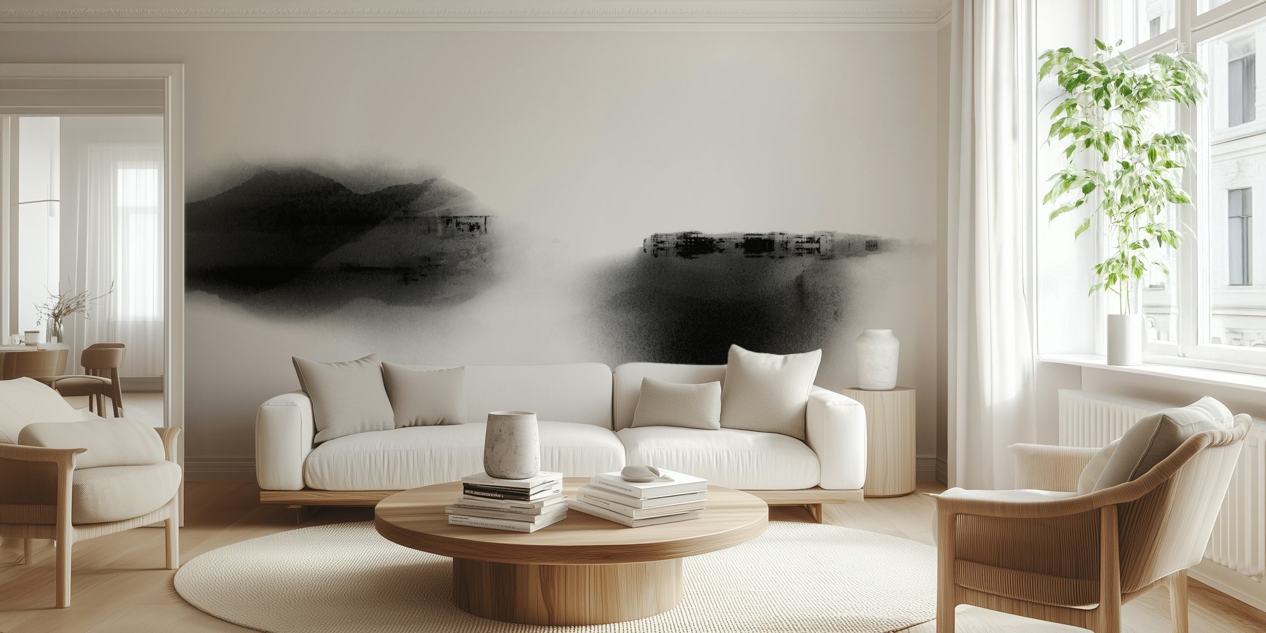 Papel de parede Japandi Black White em um quarto