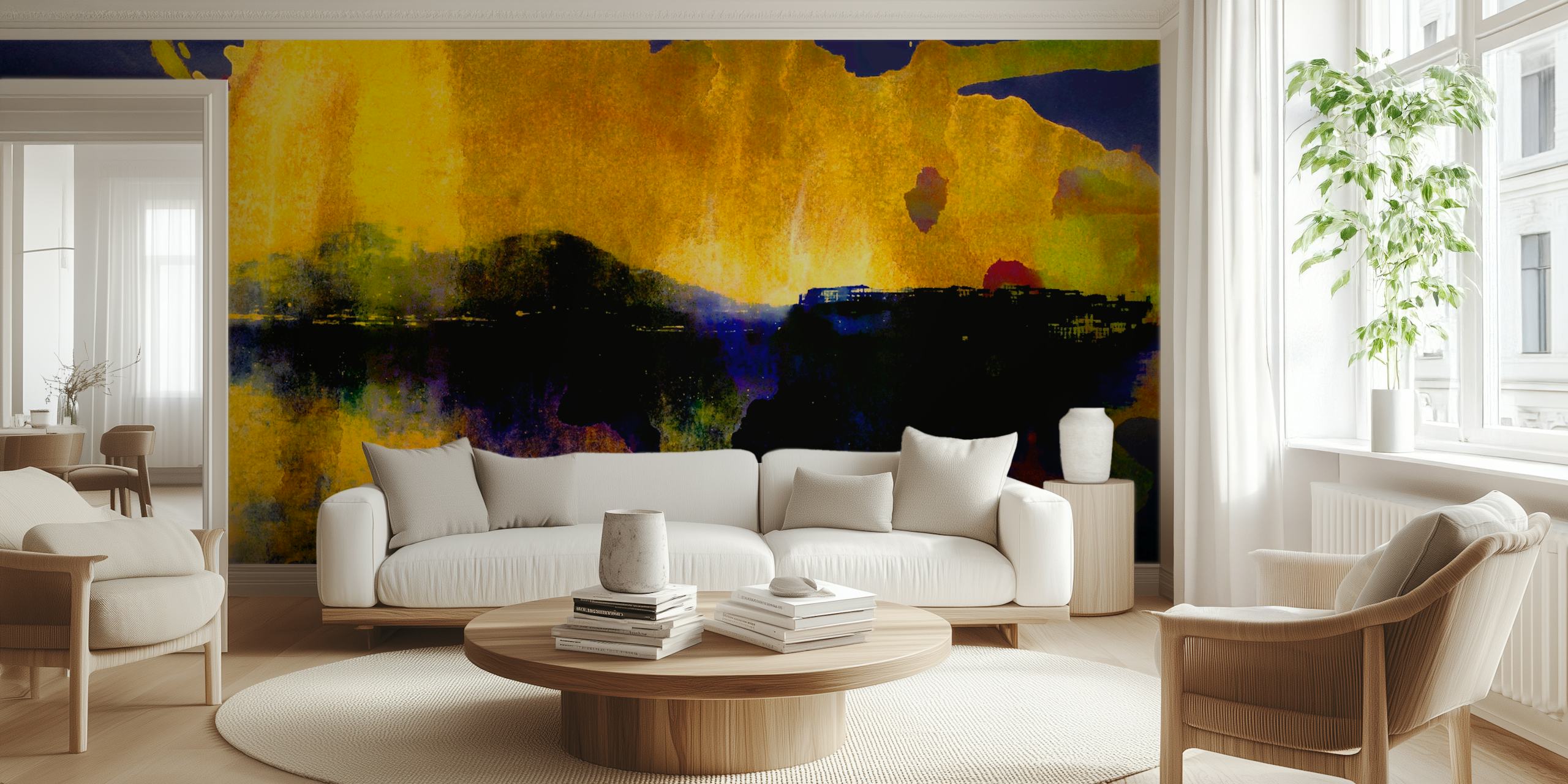 Abstract mountain silhouette in yellow and blue watercolor wallpaper