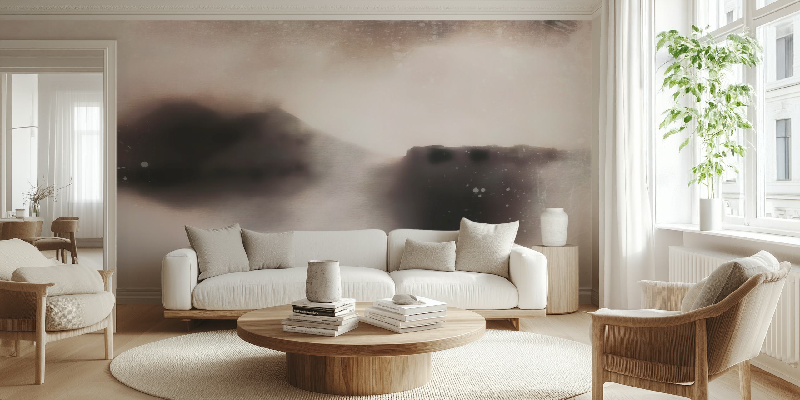 Papel de parede Soft Japandi Art exibido em um quarto
