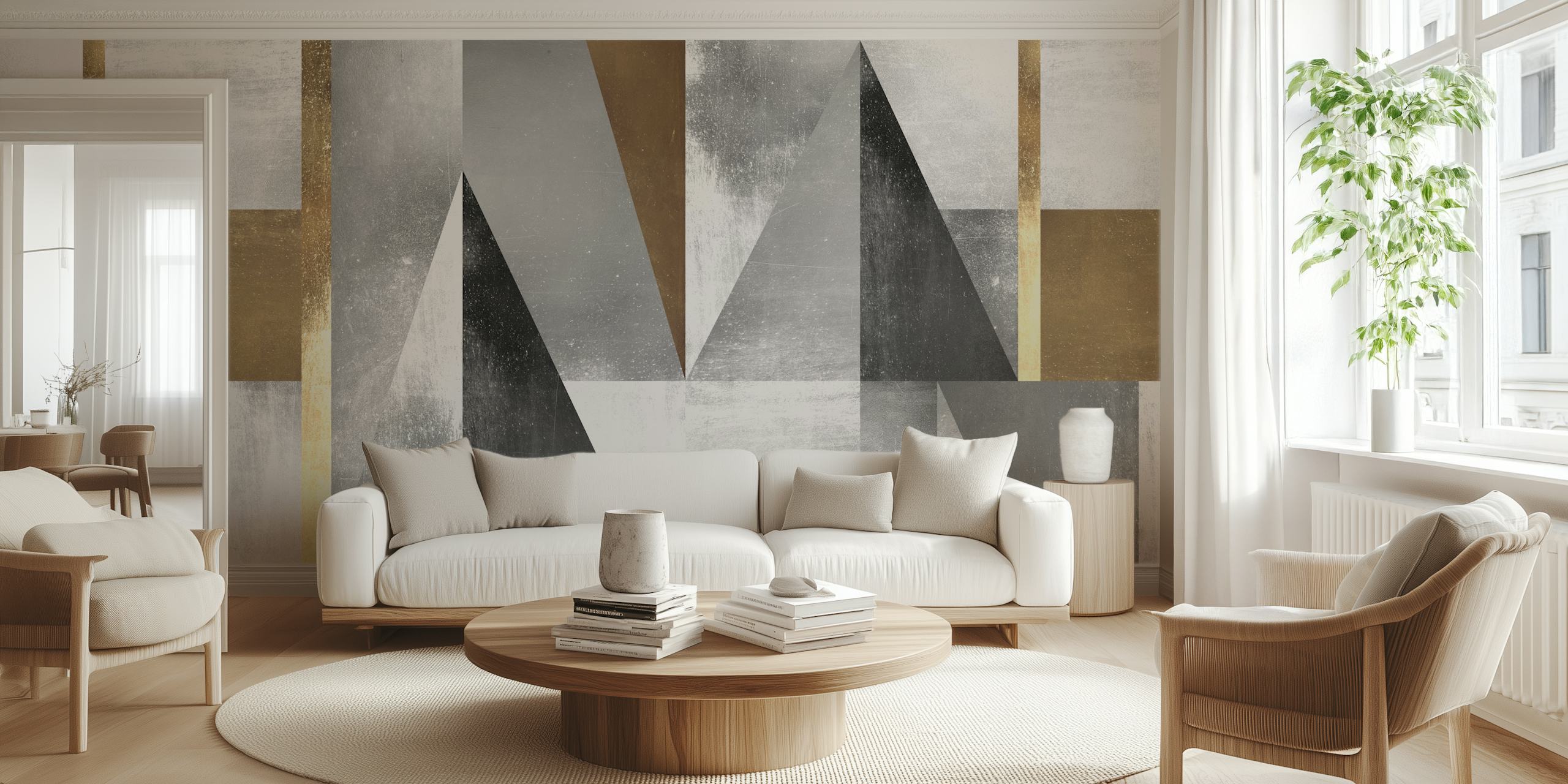 Geometric shapes in black, gray, and gold wallpaper