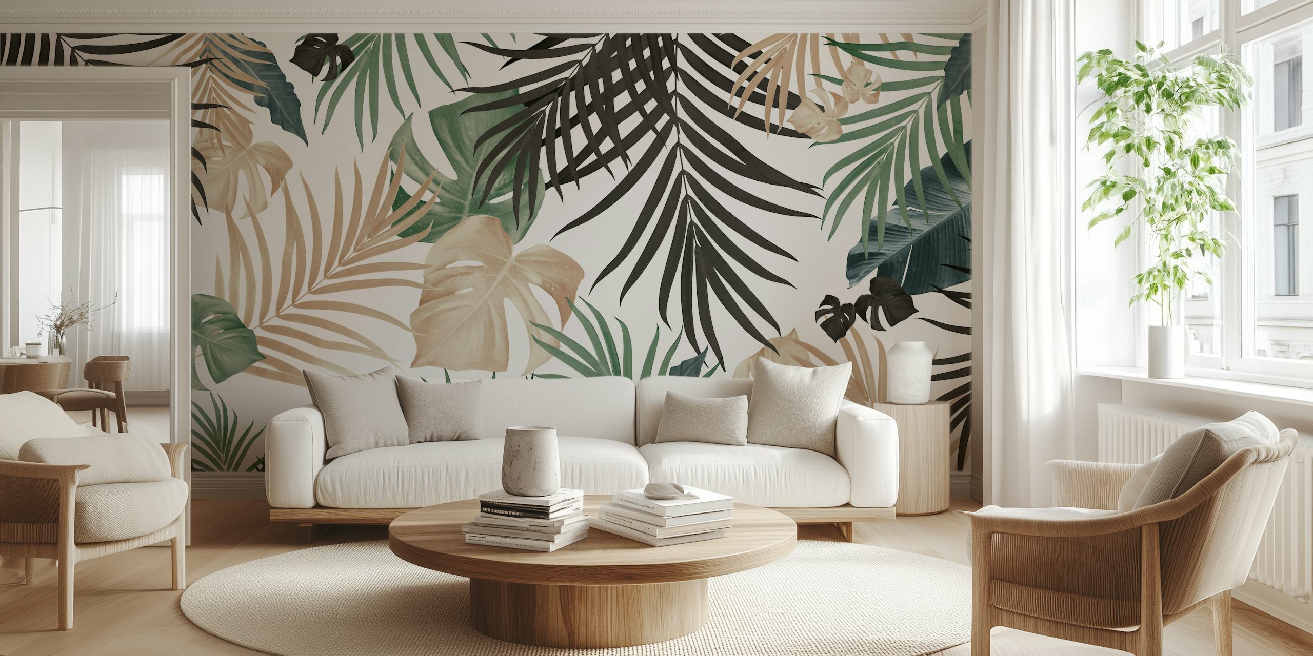 Tropical jungle leaves in green, black, and beige wallpaper