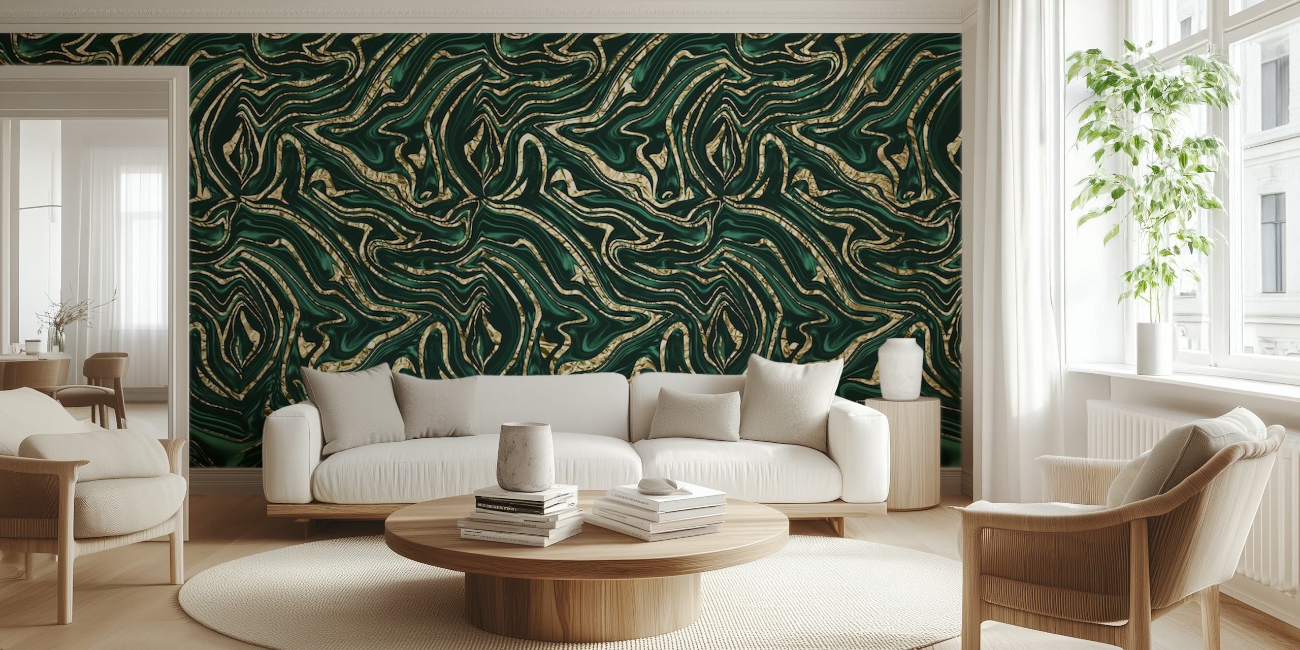 Emerald green and gold marble pattern wallpaper