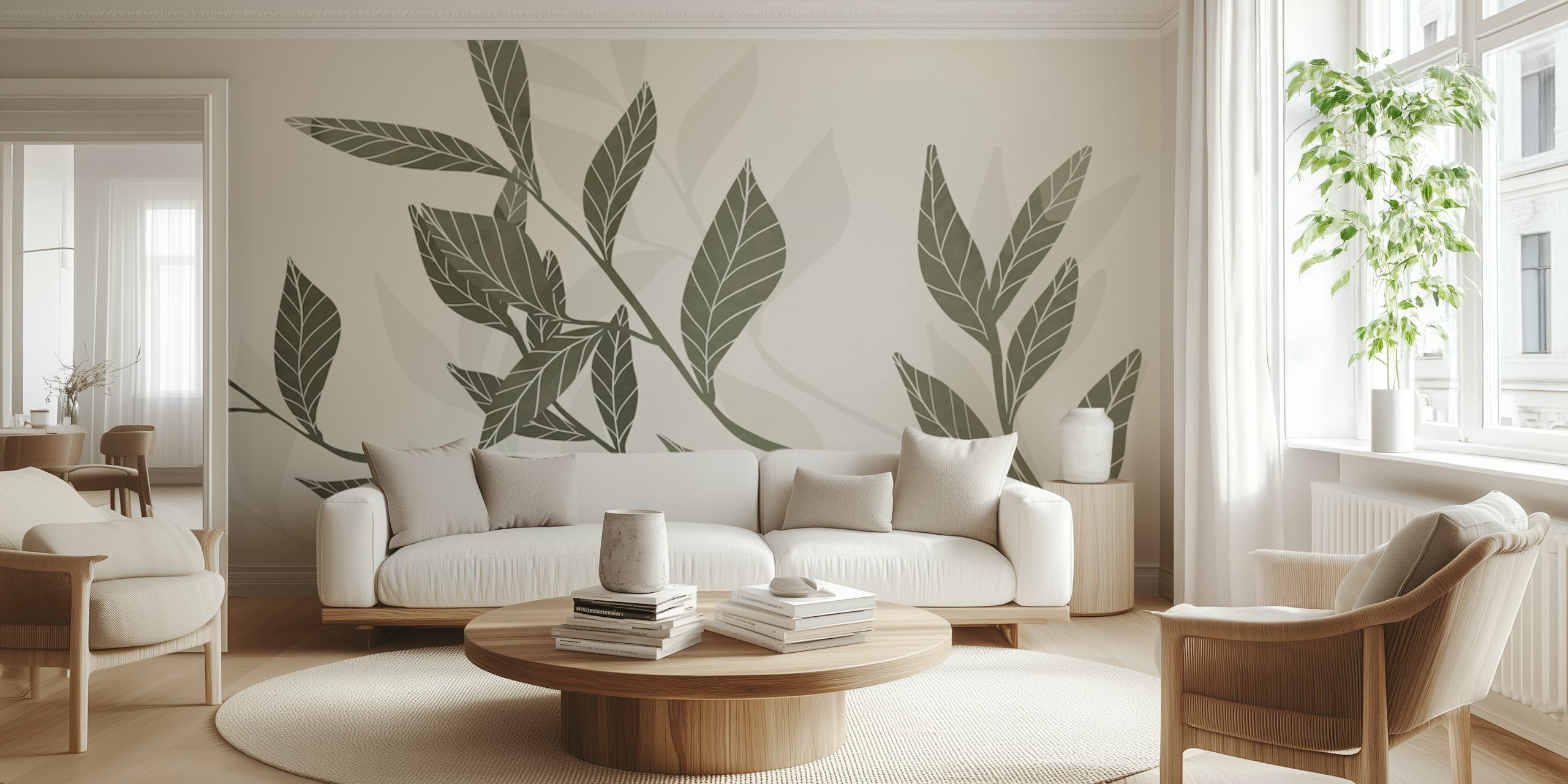 Peinture murale de style croquis représentant des plantes tropicales dans des tons subtils de vert et de gris