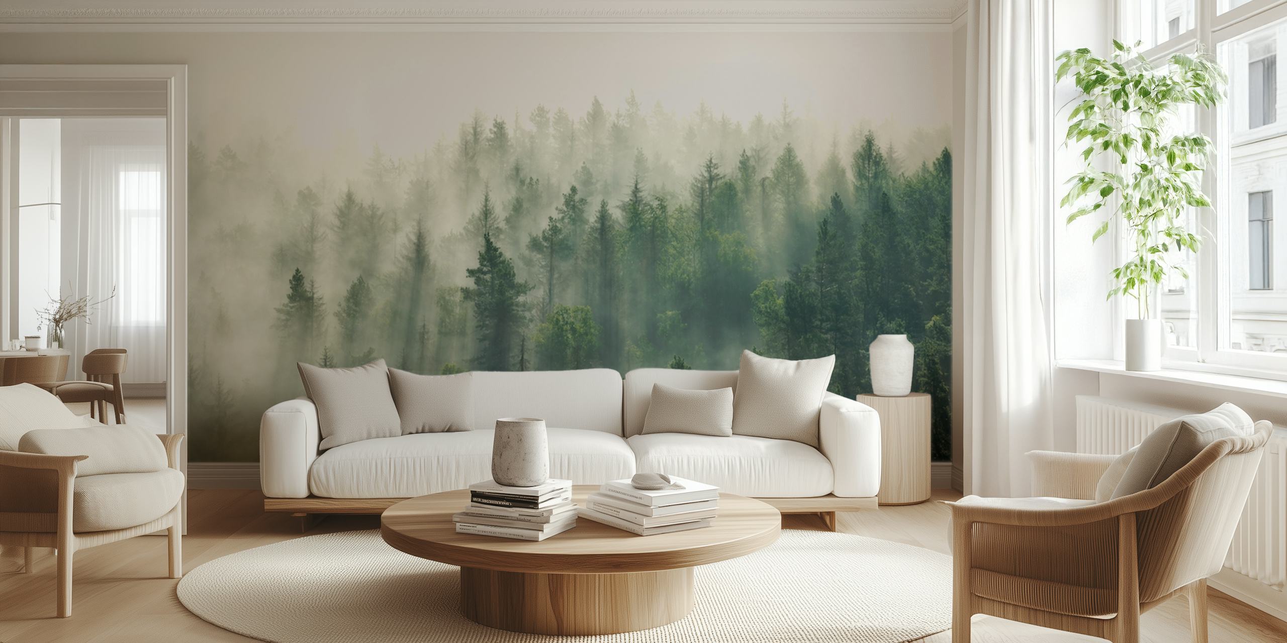 Um tranquilo mural panorâmico de floresta com árvores enevoadas.