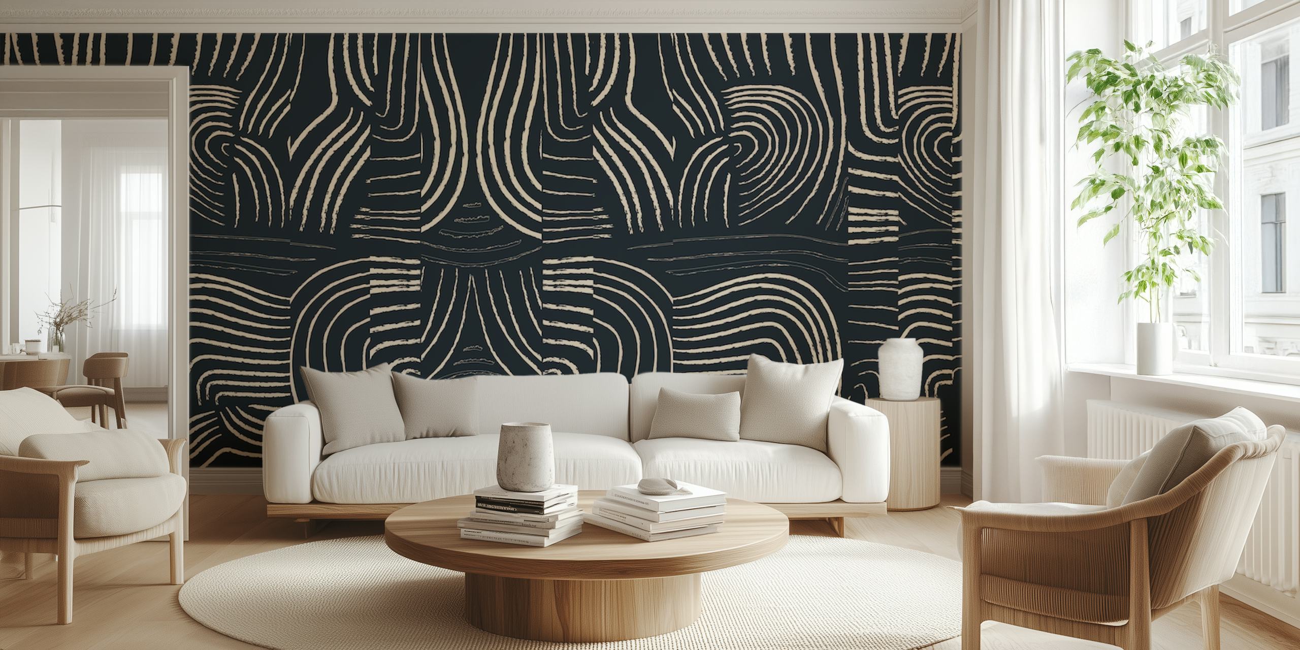 Abstract curved line patterns in black and white wallpaper
