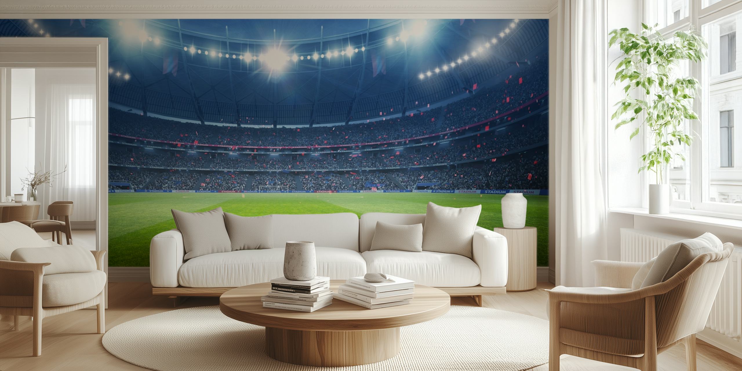 Football stadium grass field illuminated at night wallpaper