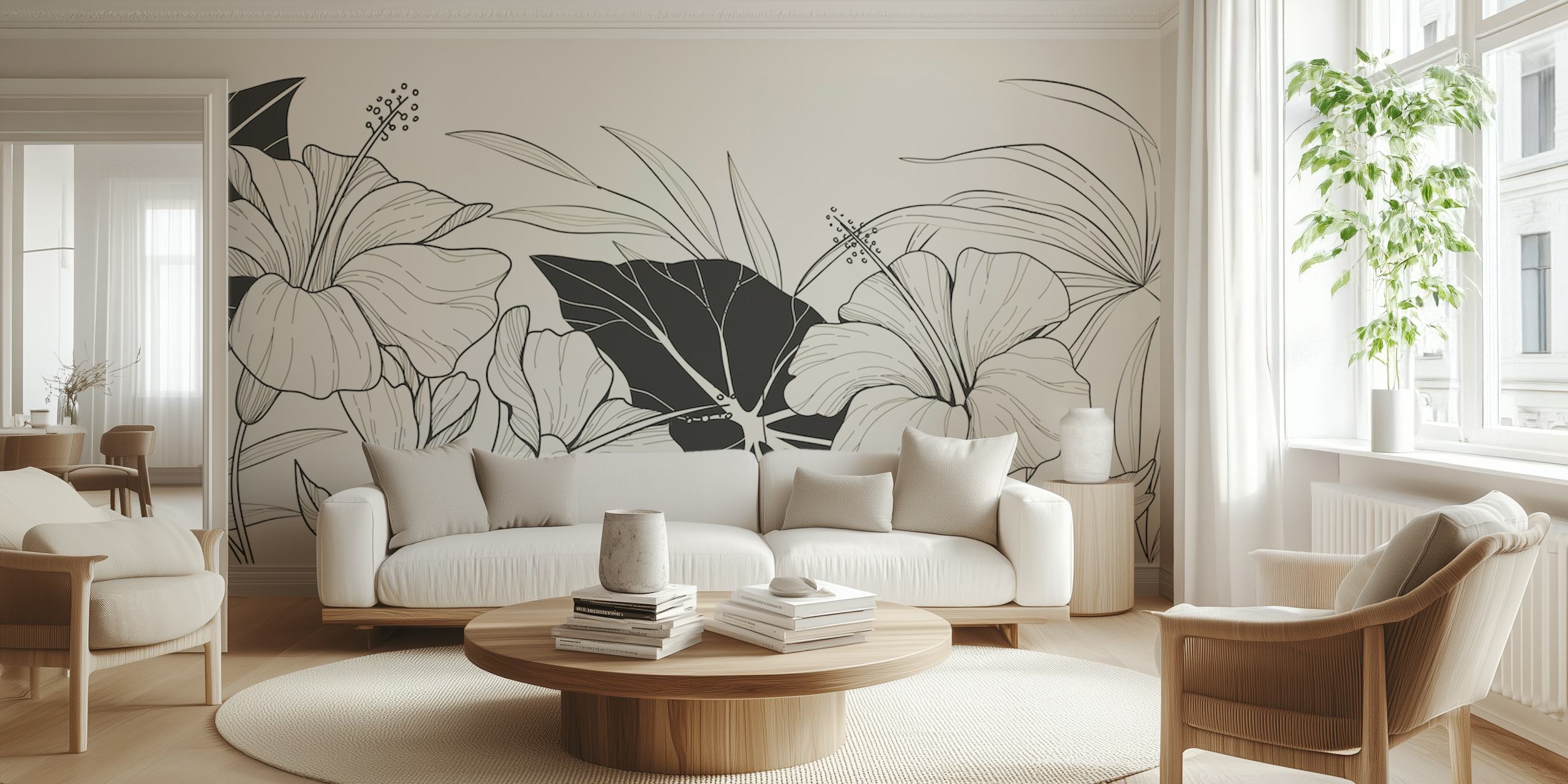 Black and white floral patterns with bold leaves and hibiscus flowers wallpaper