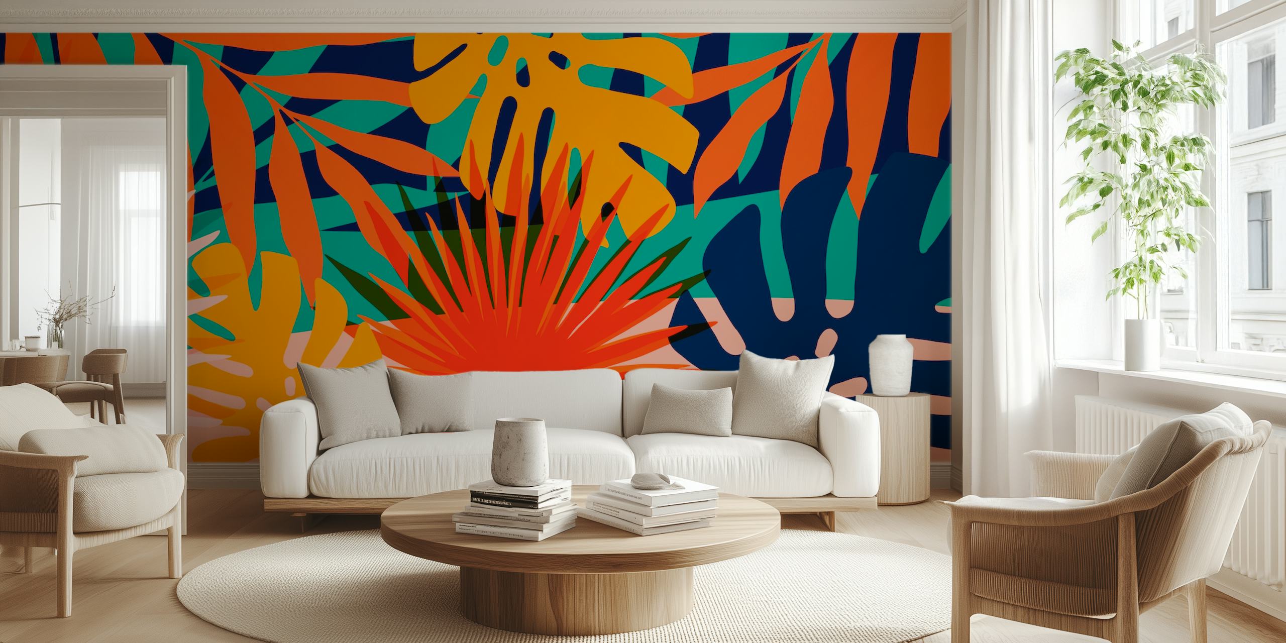 Vibrant tropical foliage wall mural with orange, green, and blue leaves