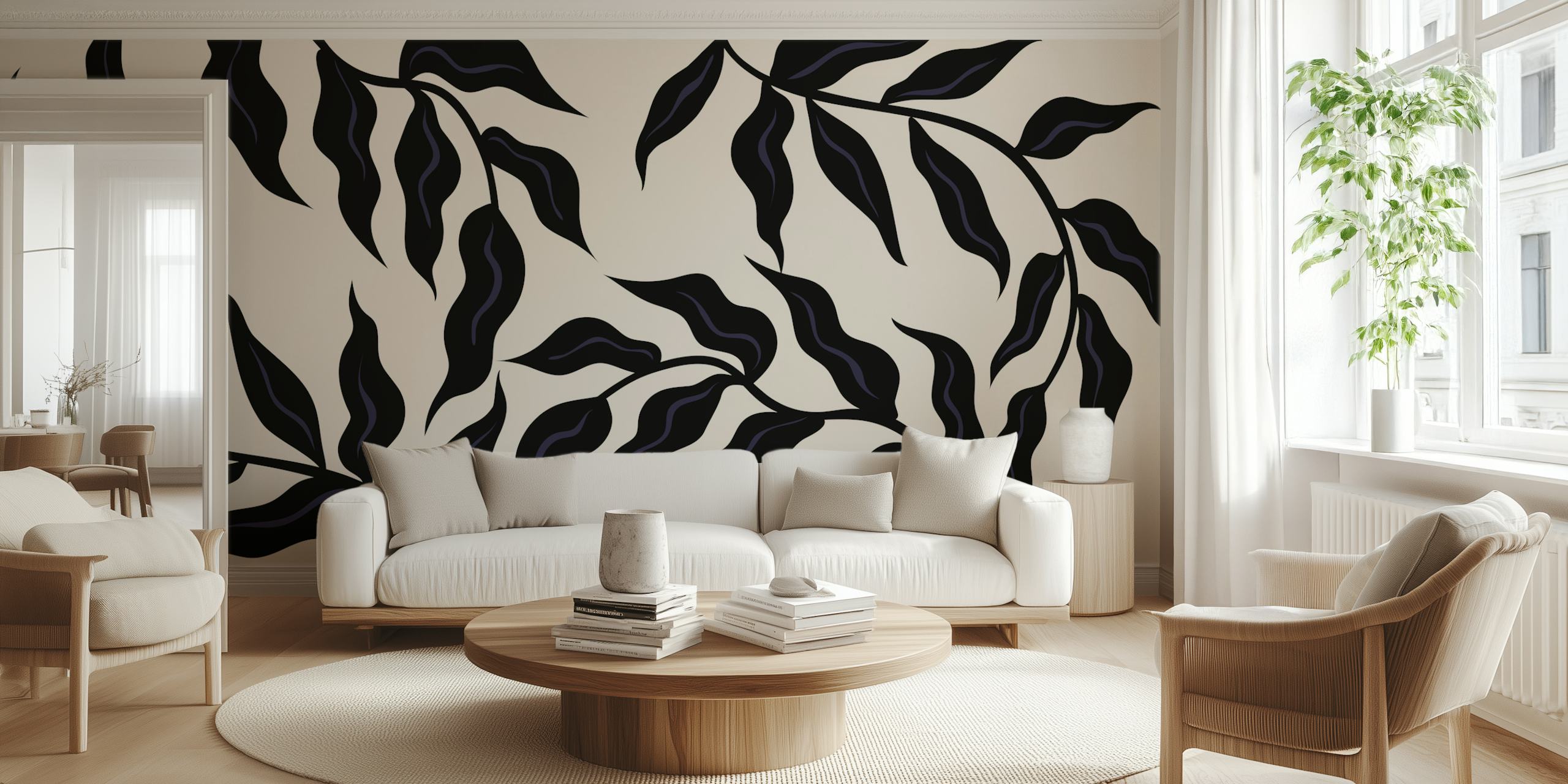 50s Leaves Black design de papel de parede