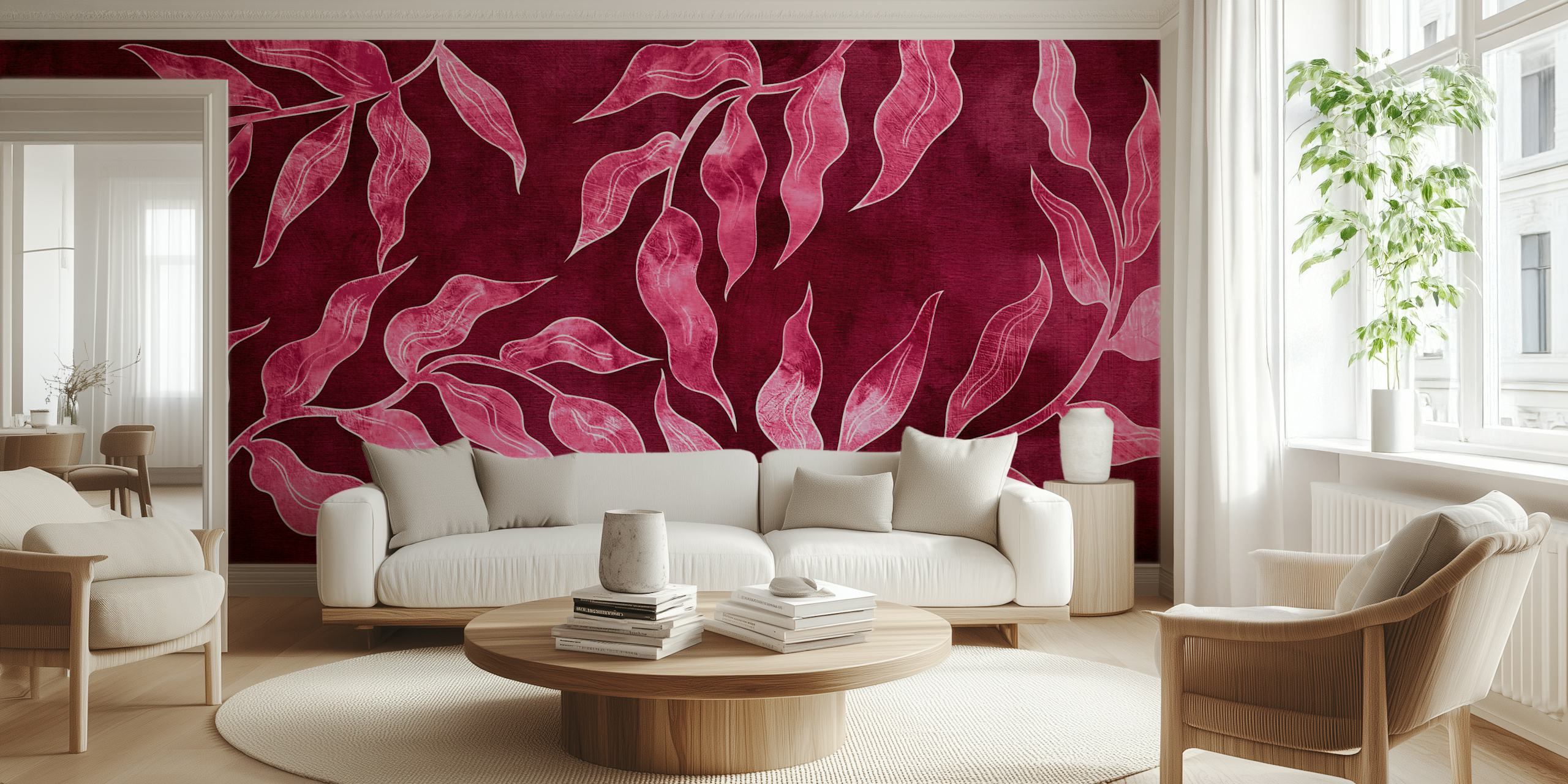 Tapeta Watercolor Leaf Fabric wyeksponowana w pokoju