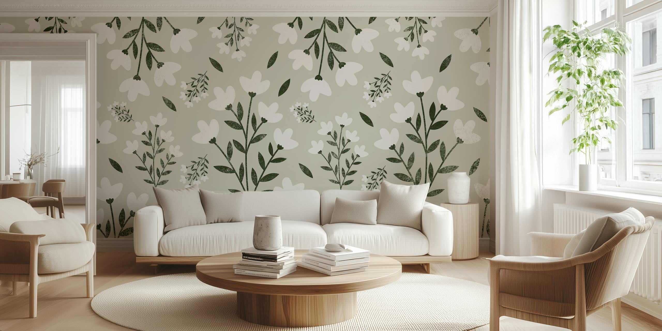 Boho Flower Green Wall Mural With White Flowers And Green Leaves On A Muted Background