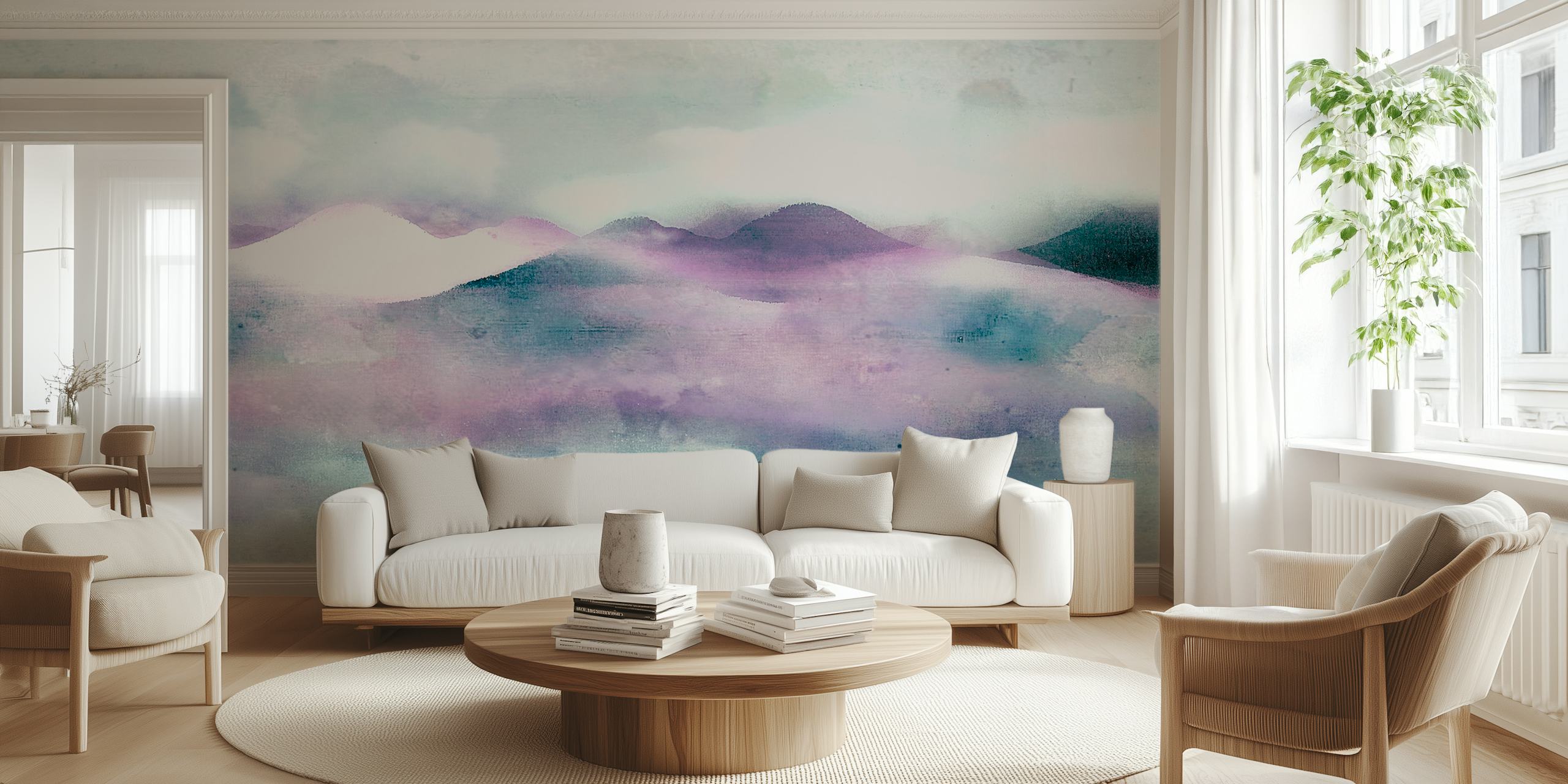 Japandi-style sunrise over mountains wall mural