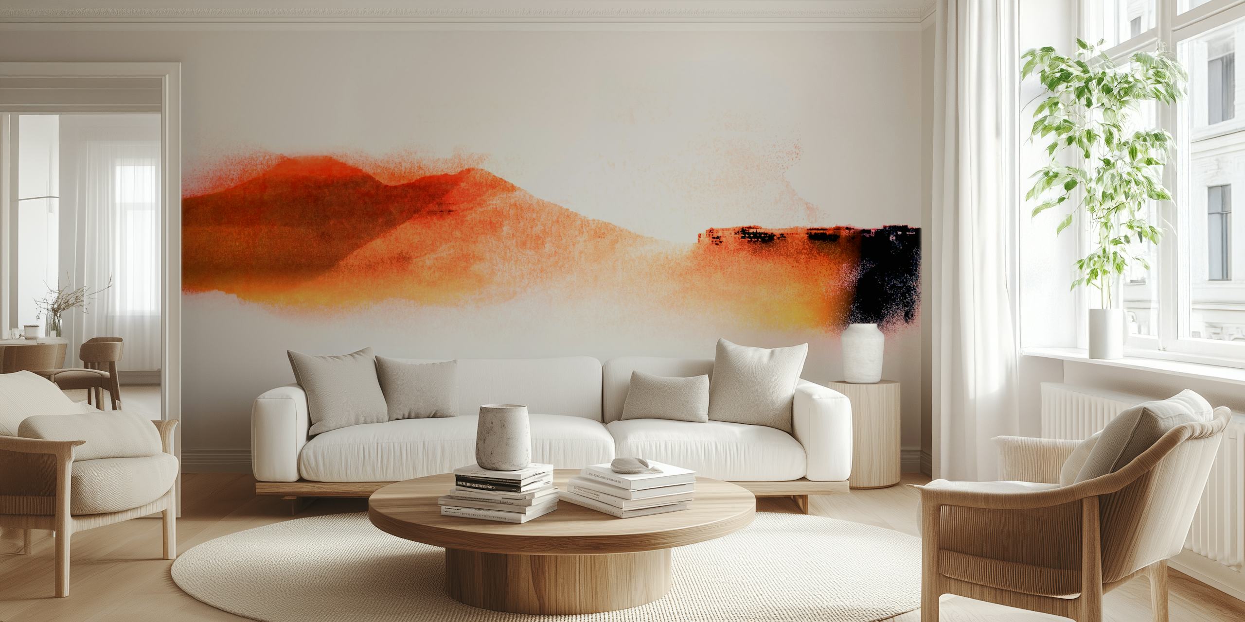 Abstracte zonsonderganghorizon muurschildering met oranje en roze tinten